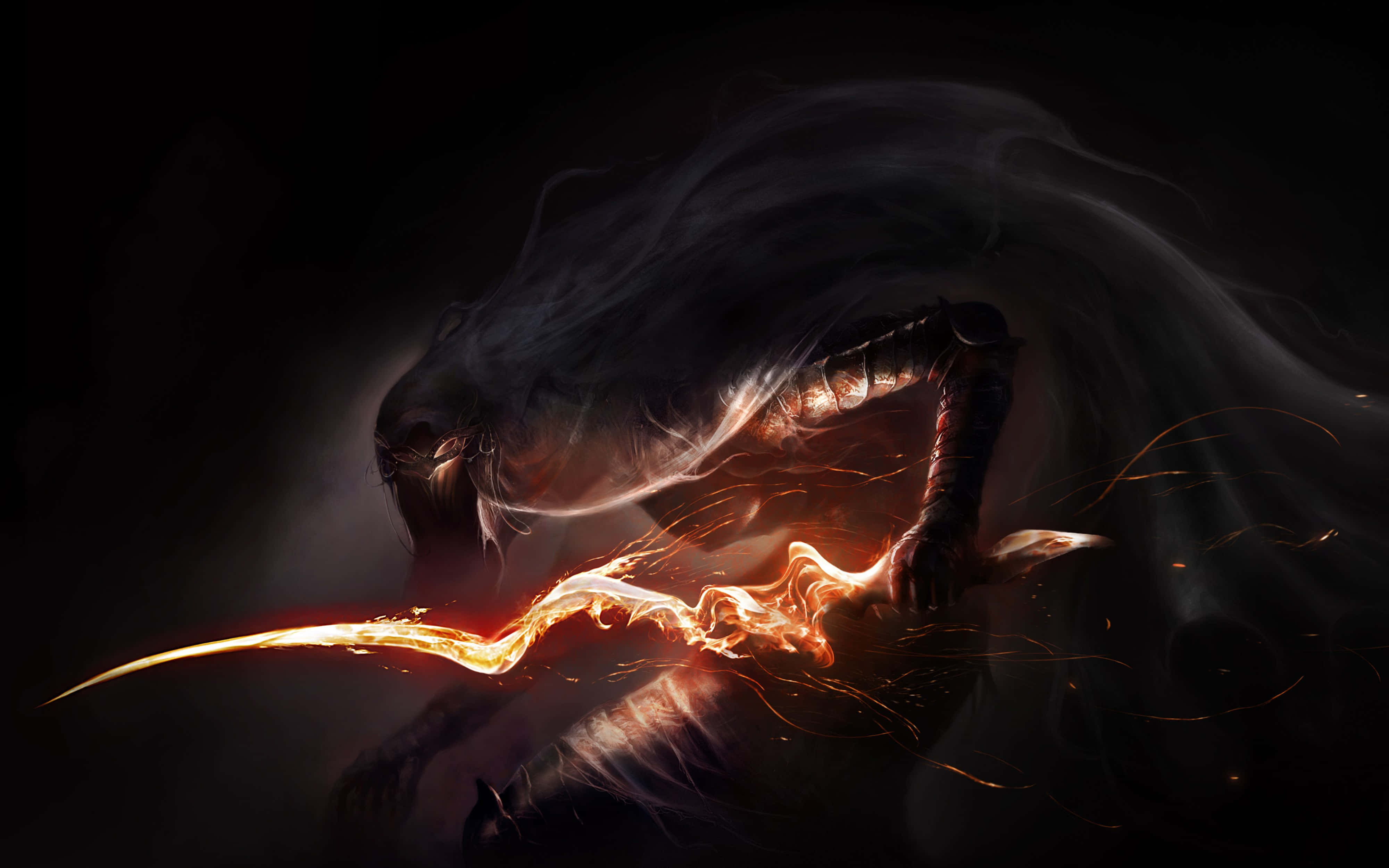 monsters 桌布 壁紙 — 一名披著斗篷的戰士在黑暗煙霧繚繞的背景中揮舞著發光的火焰劍，伴隨著動態的運動軌跡。