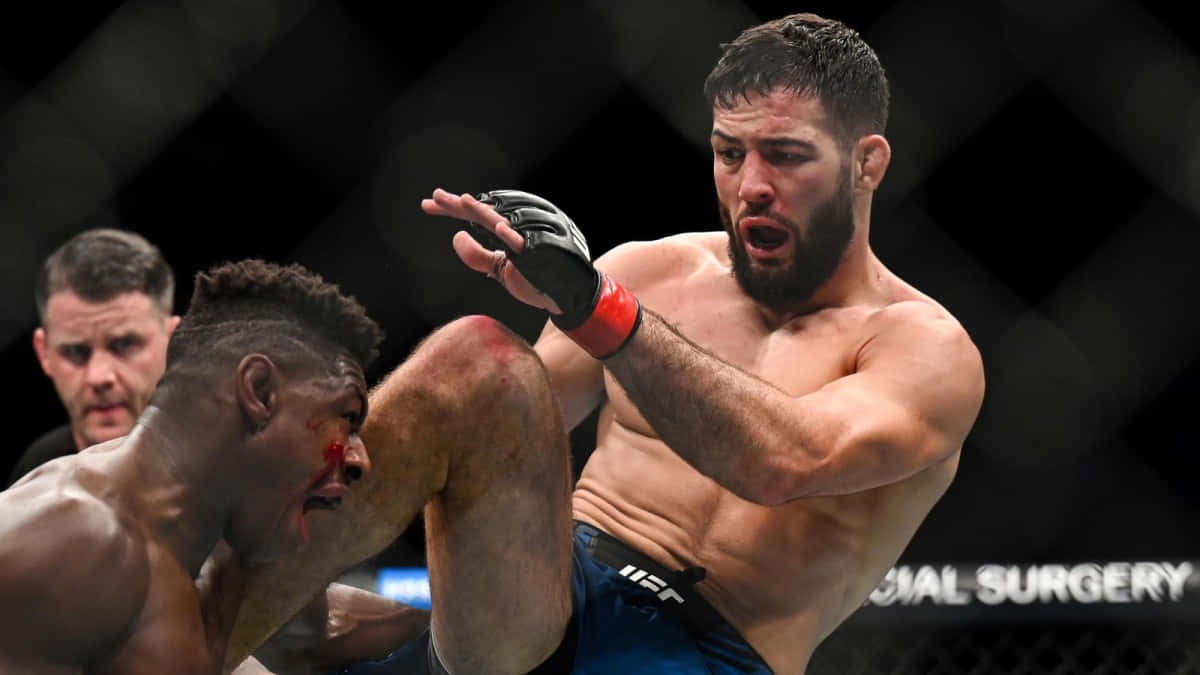 UFC 桌布 壁紙 — 一名拳手在UFC八角籠內向對手面部施以高踢，裁判在旁仔細觀察。