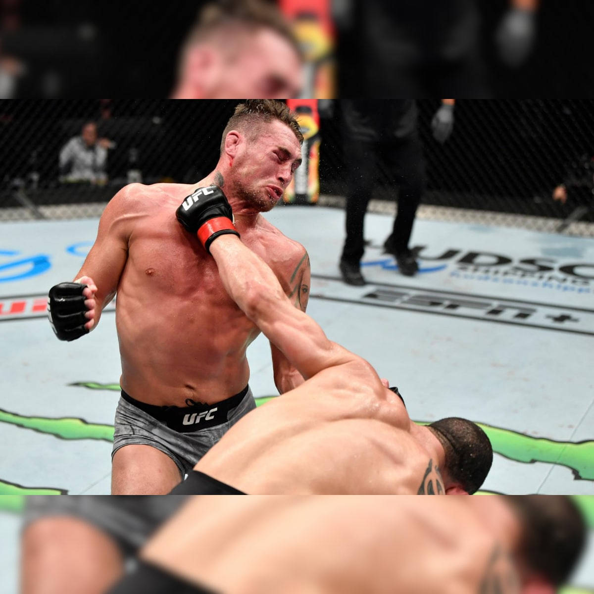 UFC 桌布 壁紙 — 一名拳手在UFC八角籠內的高強度比賽中對對手施以強力肘擊。