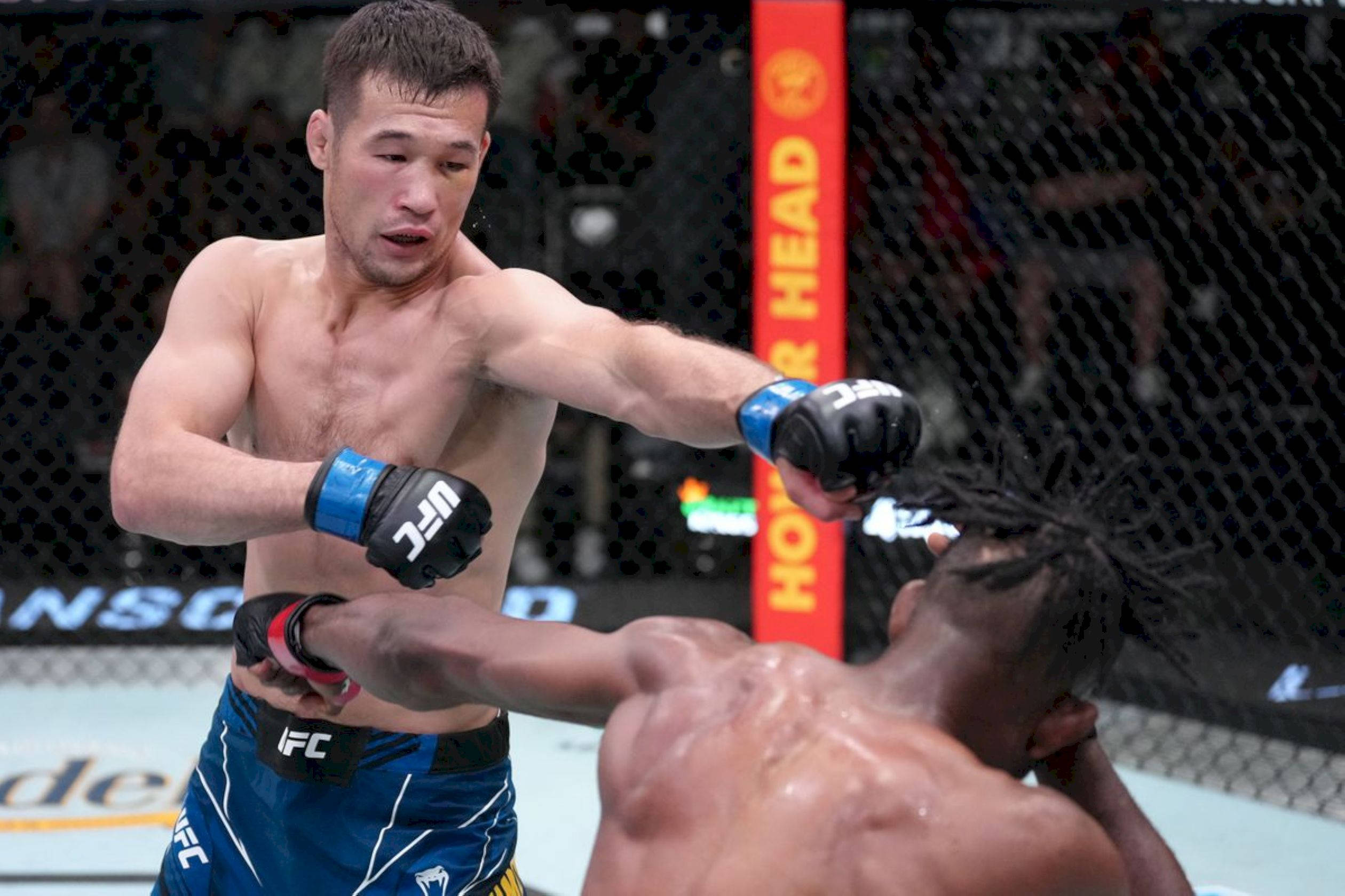 UFC 桌布 壁紙 — 一名拳手在UFC八角籠內進行激烈的綜合格鬥比賽時，向對手打出強力一拳。