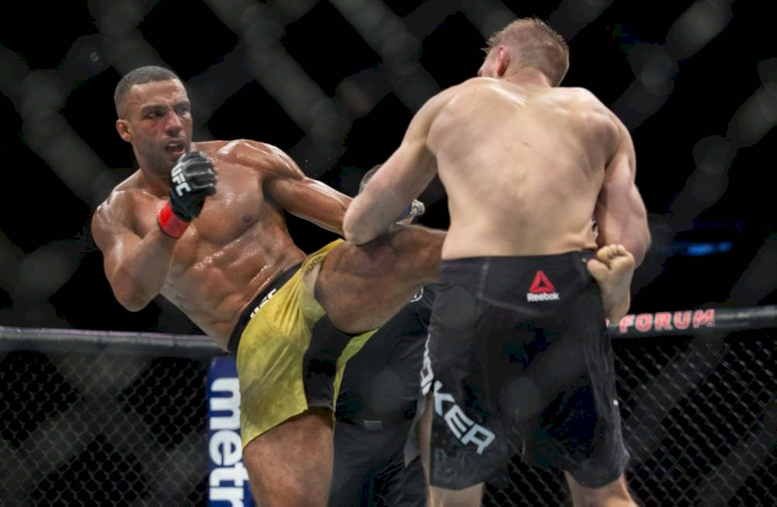 MMA 桌布 壁紙 — 一名拳手在光線昏暗、帶有鐵絲網圍欄的MMA八角籠中向對手踢出一記高踢。