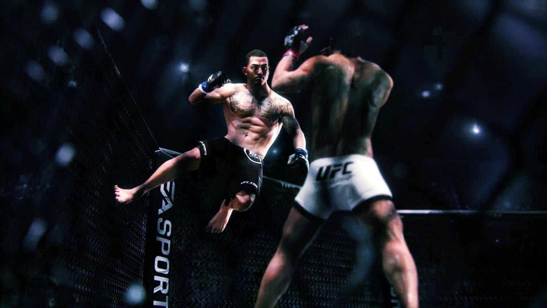 Fight 桌布 壁紙 — 一名拳手在燈光昏暗的UFC八角籠內對對手使出高踢，背景有模糊的人群燈光。