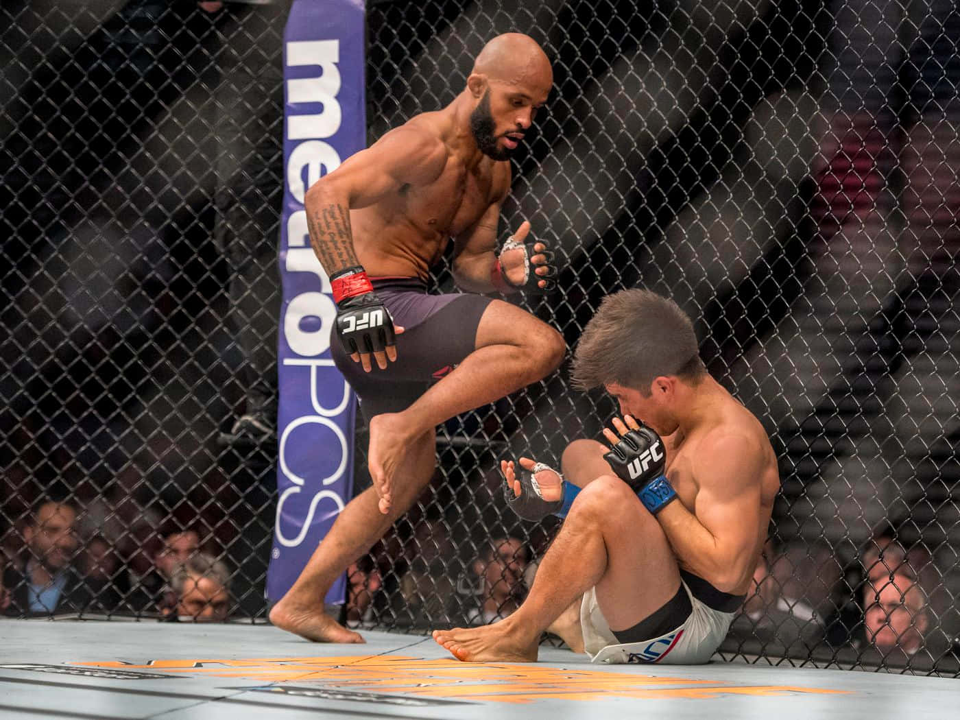 MMA 桌布 壁紙 — 一名拳手跳起攻擊在UFC八角籠內地上的對手。