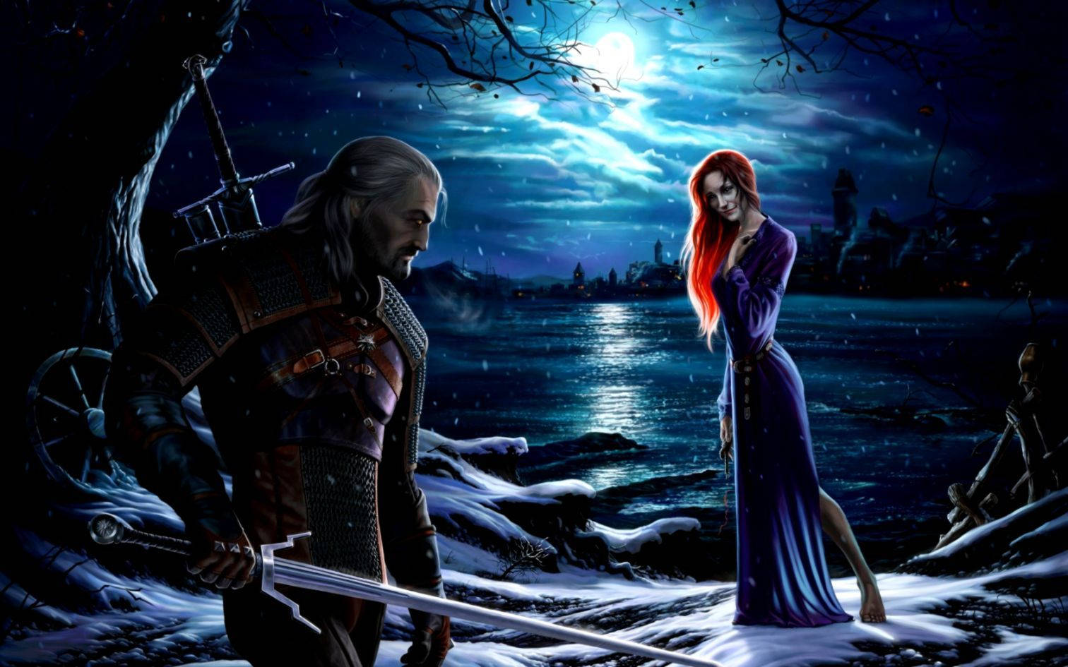 Witcher 桌布 壁紙 — 一名持劍戰士站在雪地中，旁邊是一位身穿紫色長袍的紅髮女子，背景是滿月映照下的黑暗水道。