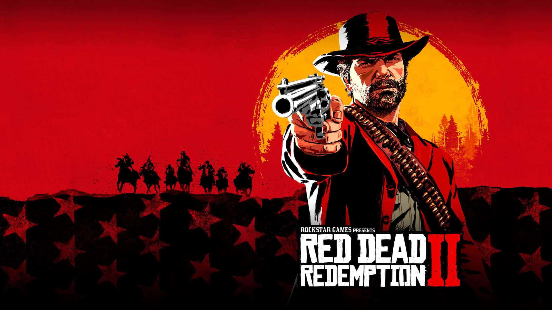 1920x1080 Red Dead Redemption 2 桌布 壁紙 — 一名持左輪手槍的牛仔在火紅的日落背景下向前瞄準，背景有剪影騎手和星星。