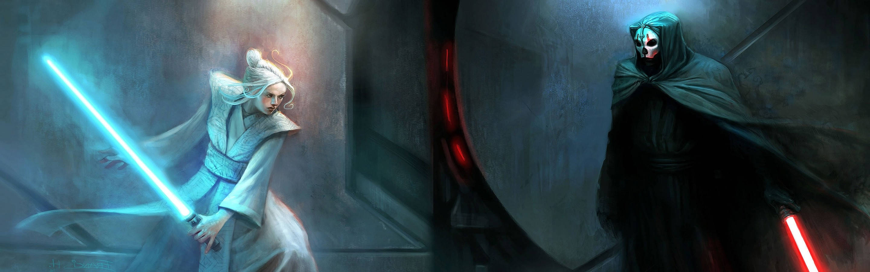 Star Wars Art 桌布 壁紙 — 一名持有藍色光劍的絕地武士在昏暗的金屬走廊中面對一名持有紅色光劍的西斯尊主。