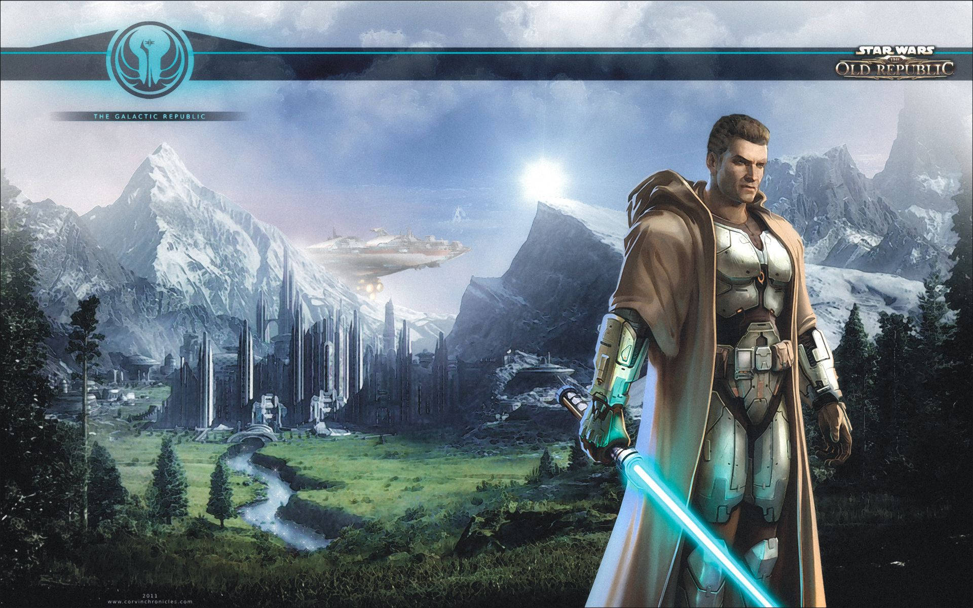 Swtor 桌布 壁紙 — 一名持有藍色光劍的絕地武士站在白雪覆蓋的山谷中，俯瞰未來城市和飛行船。