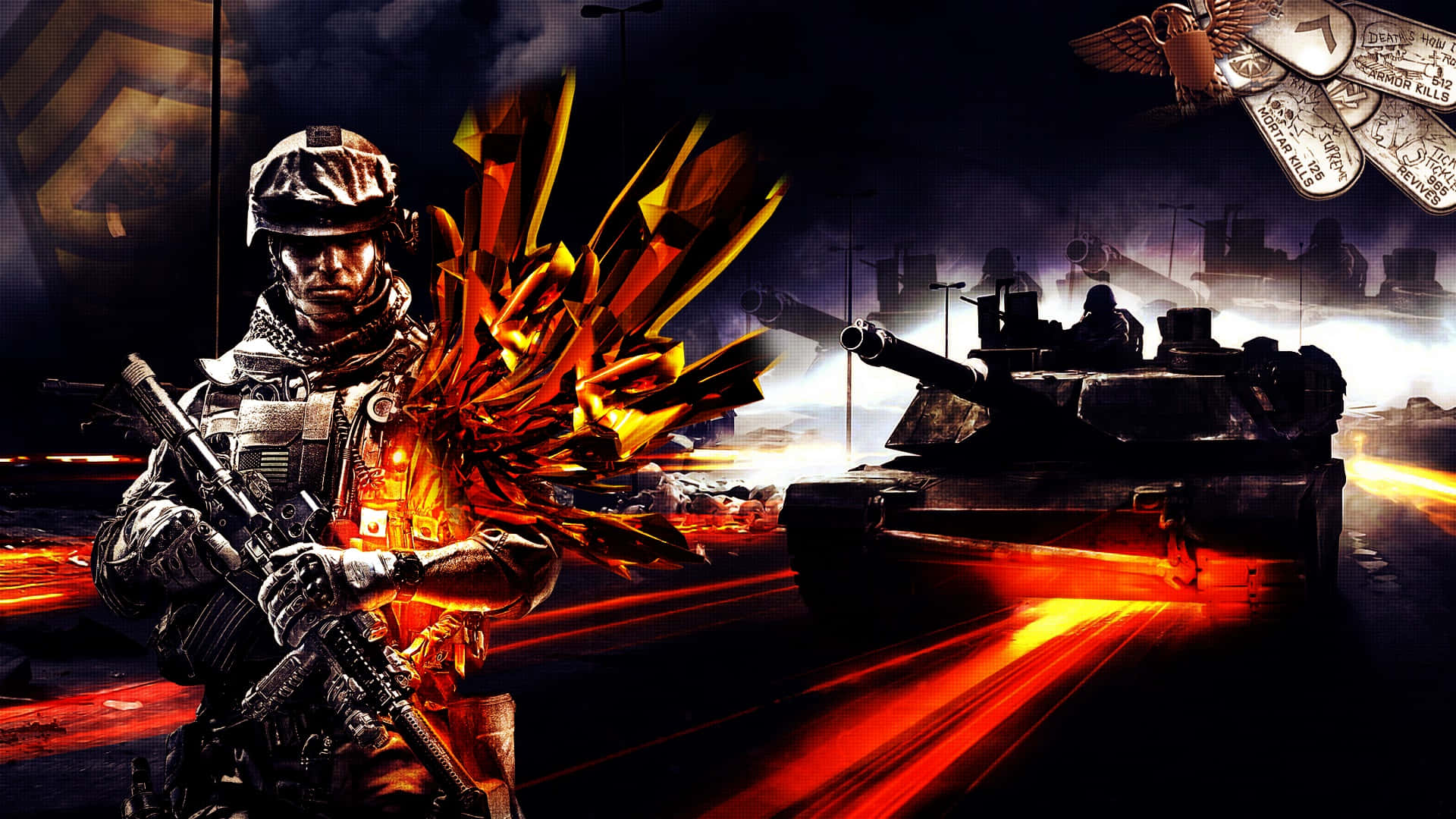 Battlefield 3 桌布 壁紙 — 一名持步槍的士兵站在坦克前，身後在黑暗的城市戰場上爆發熾熱的爆炸。