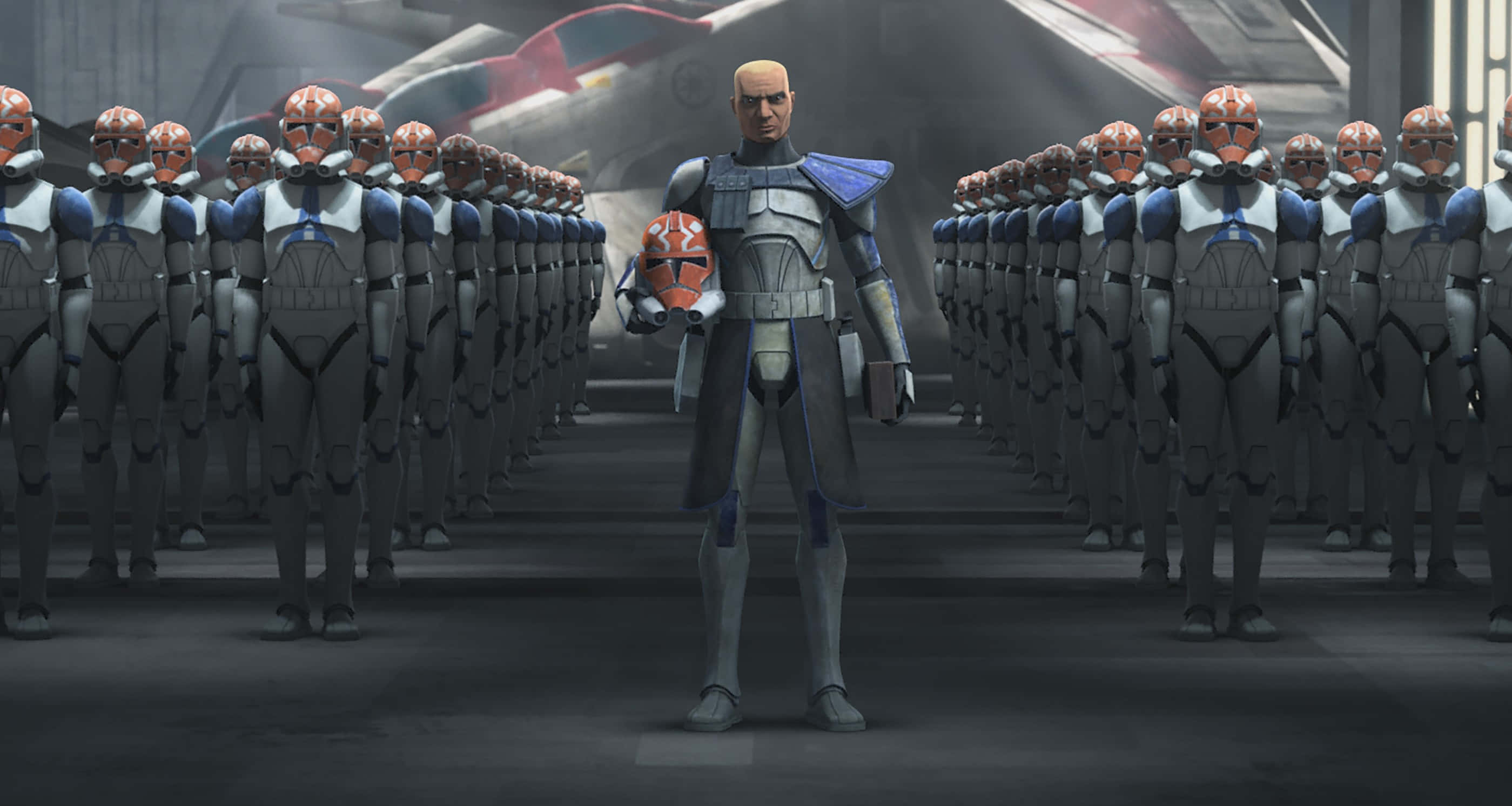 The Clone Army 桌布 壁紙 — 一名指揮克隆士兵在昏暗的機庫中，在星際戰鬥機下方，面對一排排相同的士兵立正站好。
