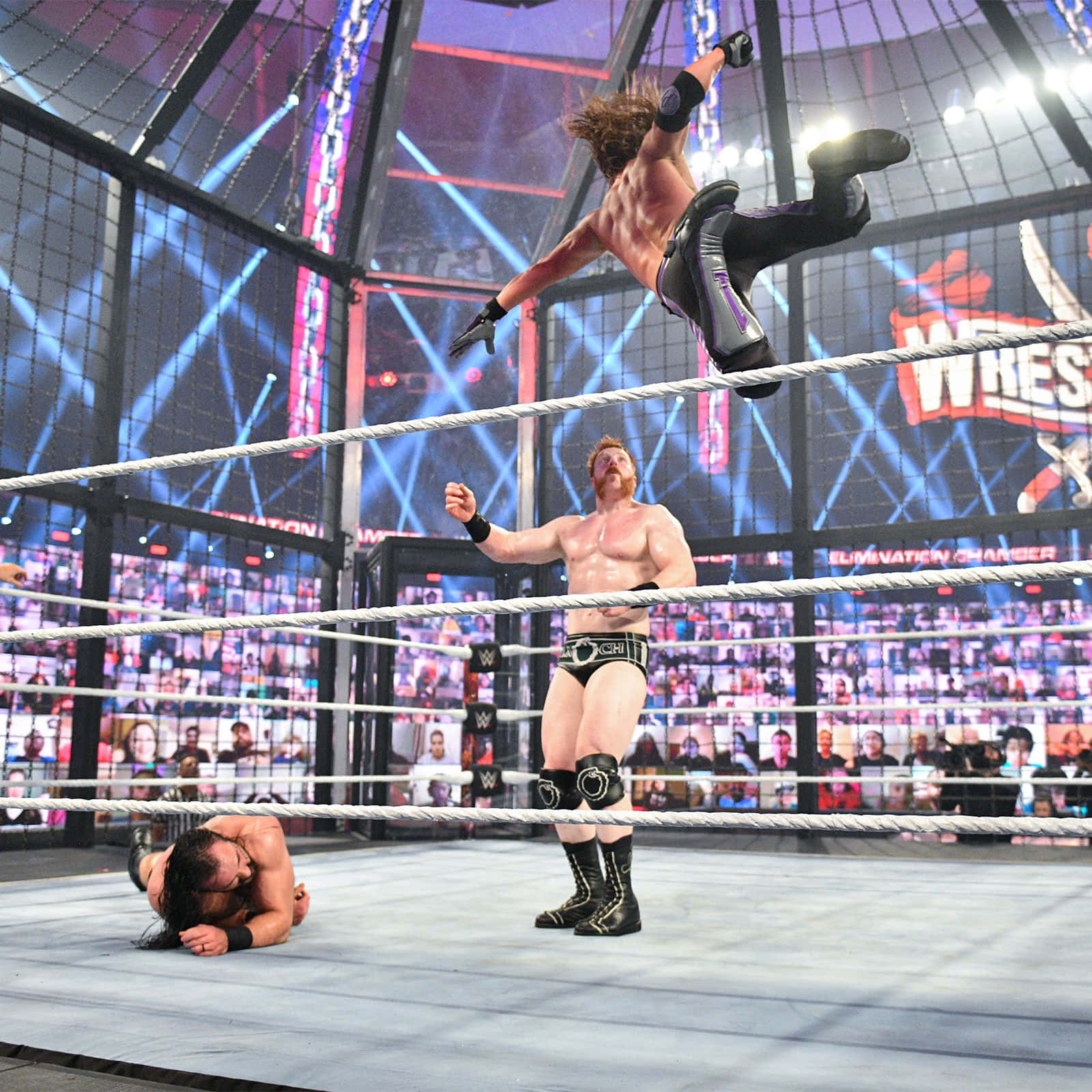 WWE 桌布 壁紙 — 一名摔角手在鋼鐵籠比賽中從頂繩躍下，對手準備就緒，而倒下的對手則在下方敗陣。