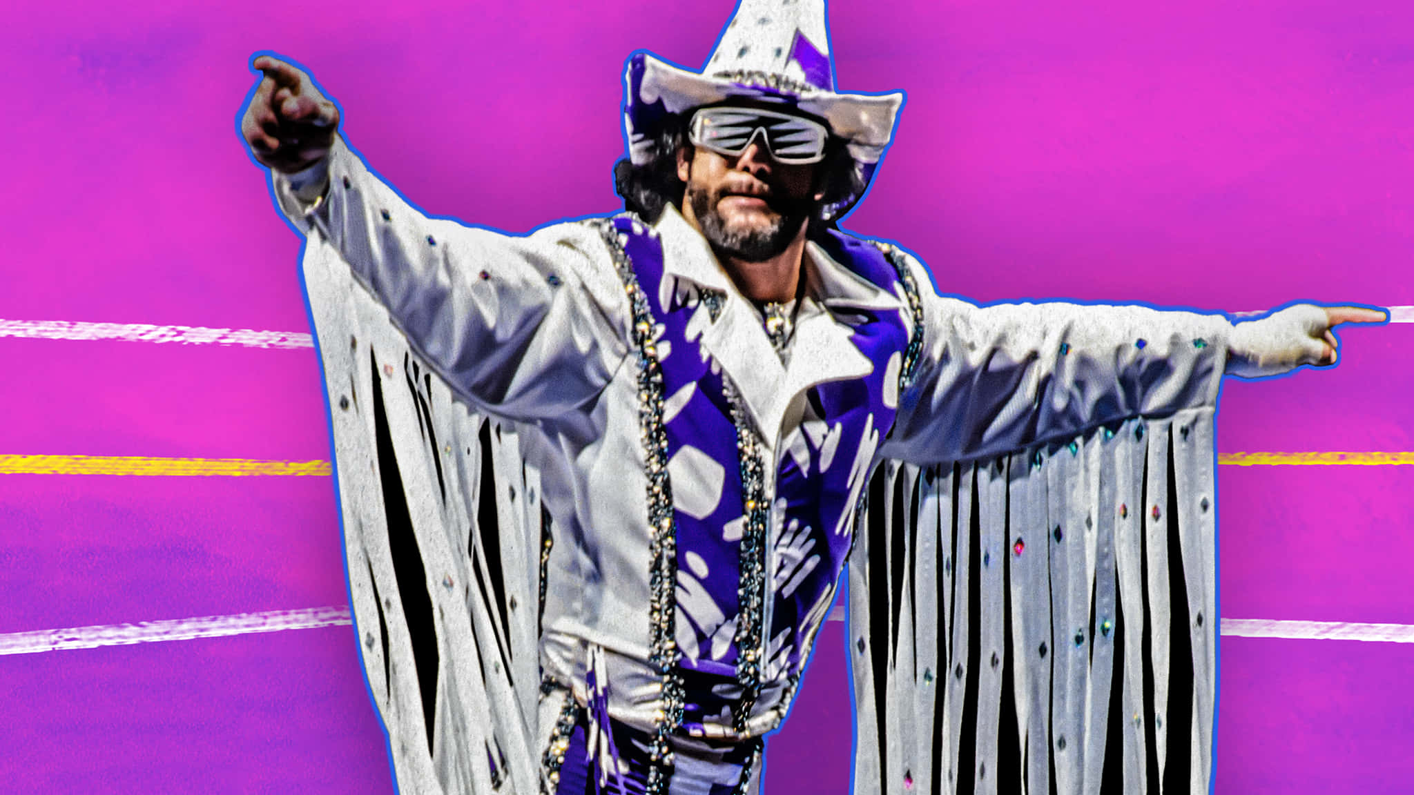 WWE 桌布 壁紙 — 一名摔角手身穿閃亮紫色和白色服裝，戴著牛仔帽和太陽眼鏡，在充滿活力的粉紅色背景前擺姿勢，背景有黃色和白色線條。