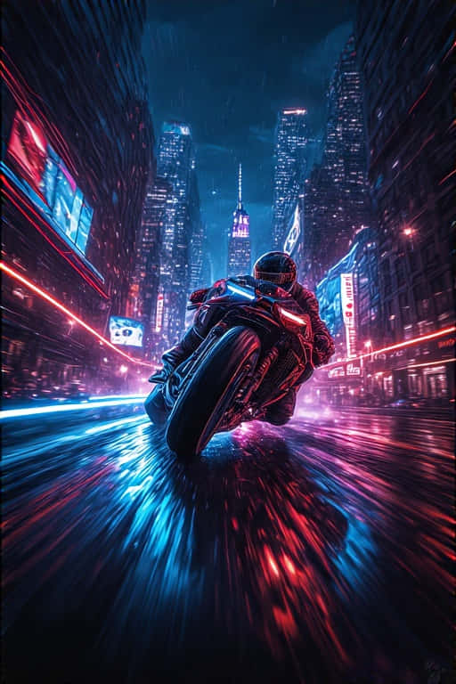 Neon Motorcycle Chase in Dark City Dynamic 4K 壁紙 — 一名摩托車手在夜晚濕滑的霓虹燈城市街道上傾斜入彎，摩天大樓閃爍著藍色和紅色的光芒。