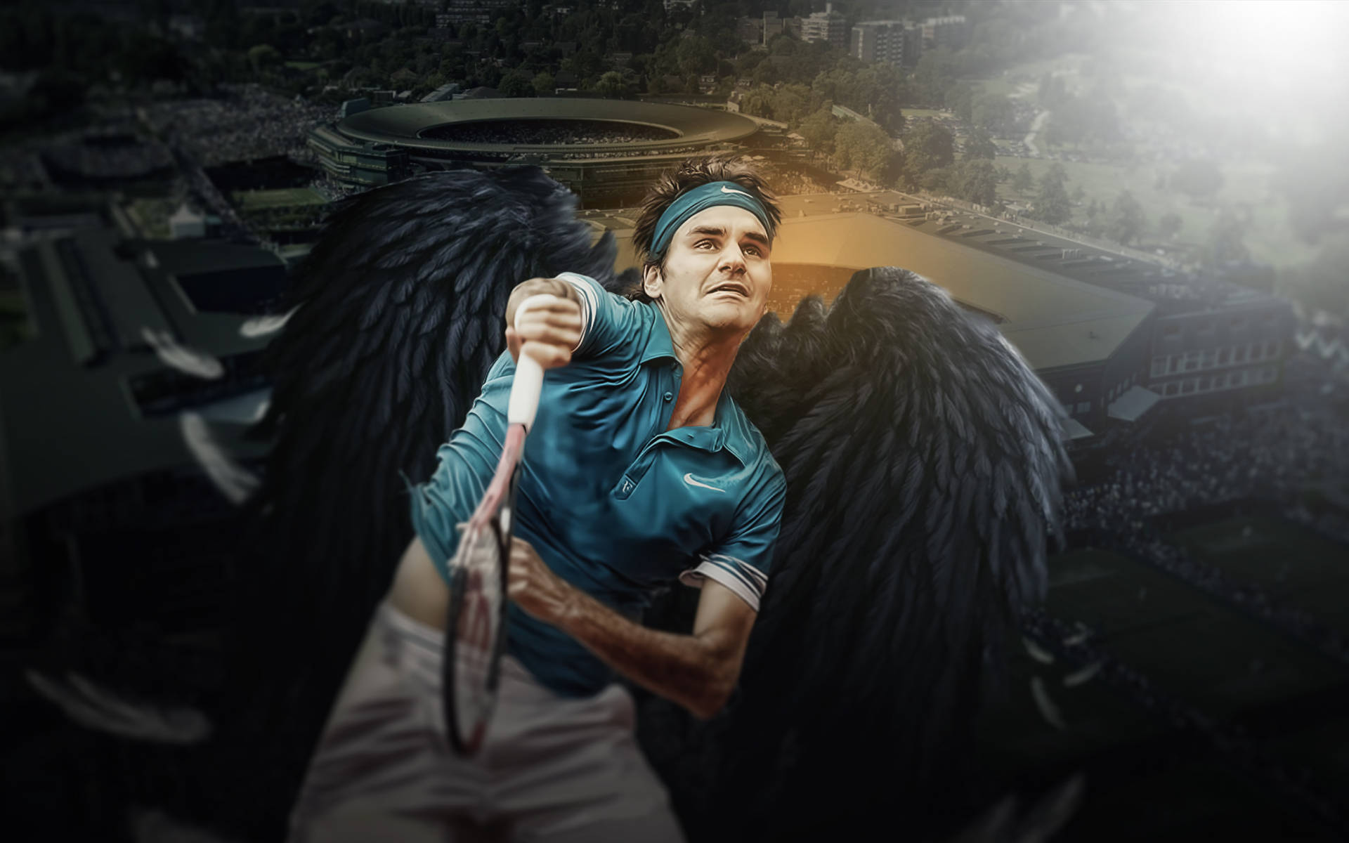 roger 桌布 壁紙 — 一名擁有暗黑天使翅膀的網球運動員在金色陽光下，在體育場人群上方揮動球拍。