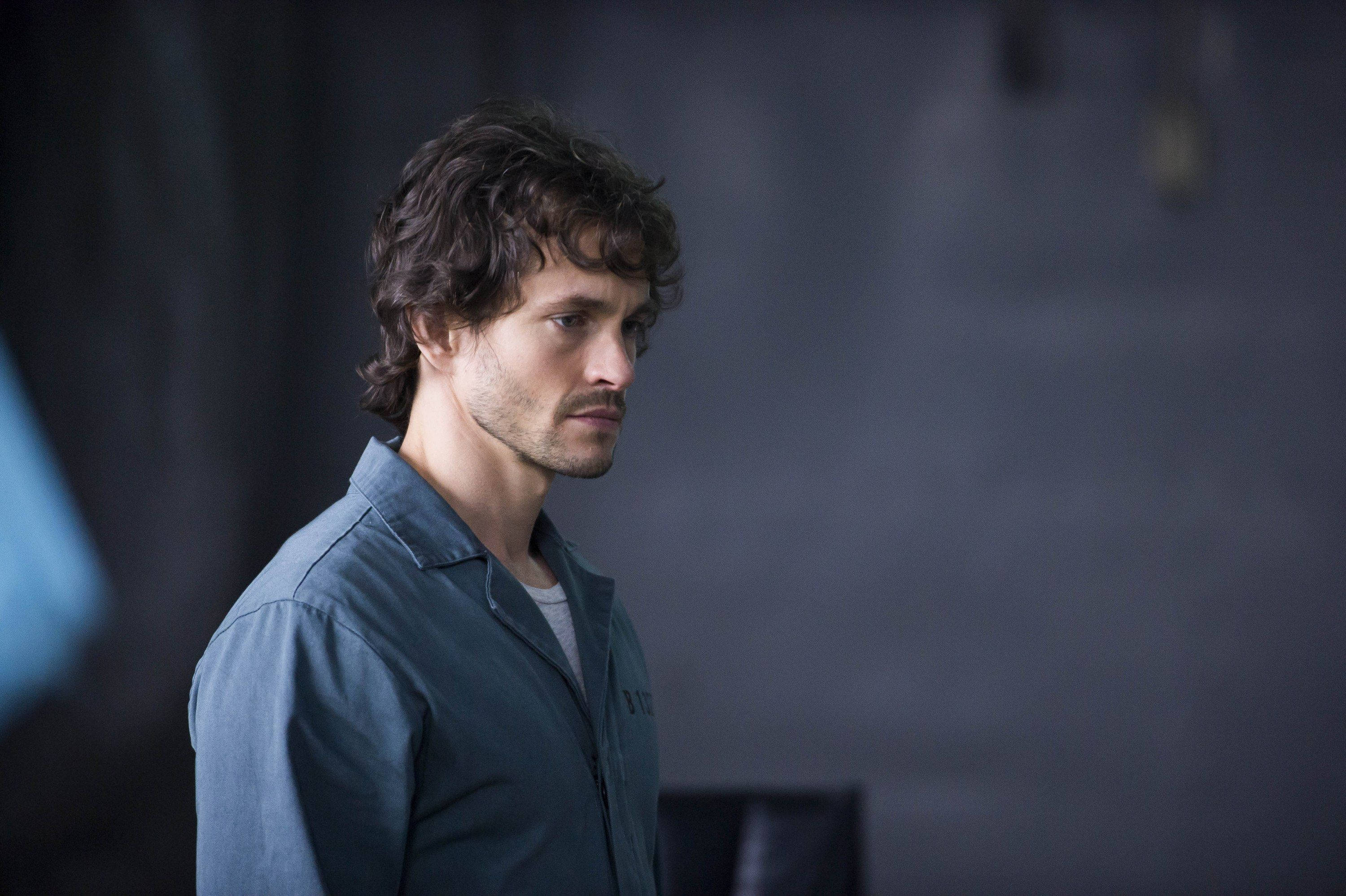 Hugh Dancy 桌布 壁紙 — 一名擁有深色捲髮和鬍鬚的男子，穿著藍色襯衫，背景為柔和的灰色。