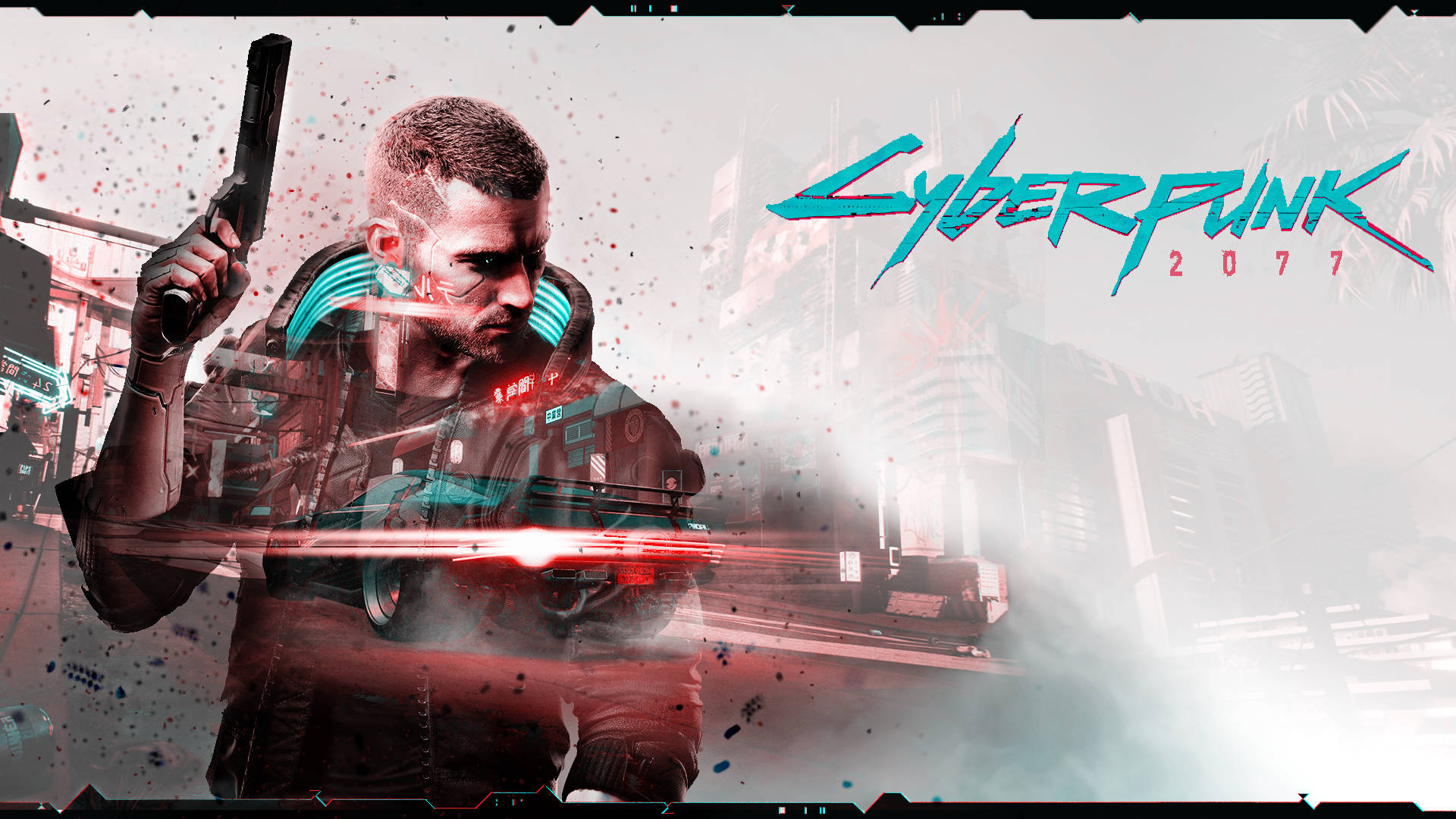 Cyberpunk Desktop 桌布 壁紙 — 一名擁有發光義體的賽博龐克戰士，在霓虹閃爍的未來城市景觀中舉槍瞄準。