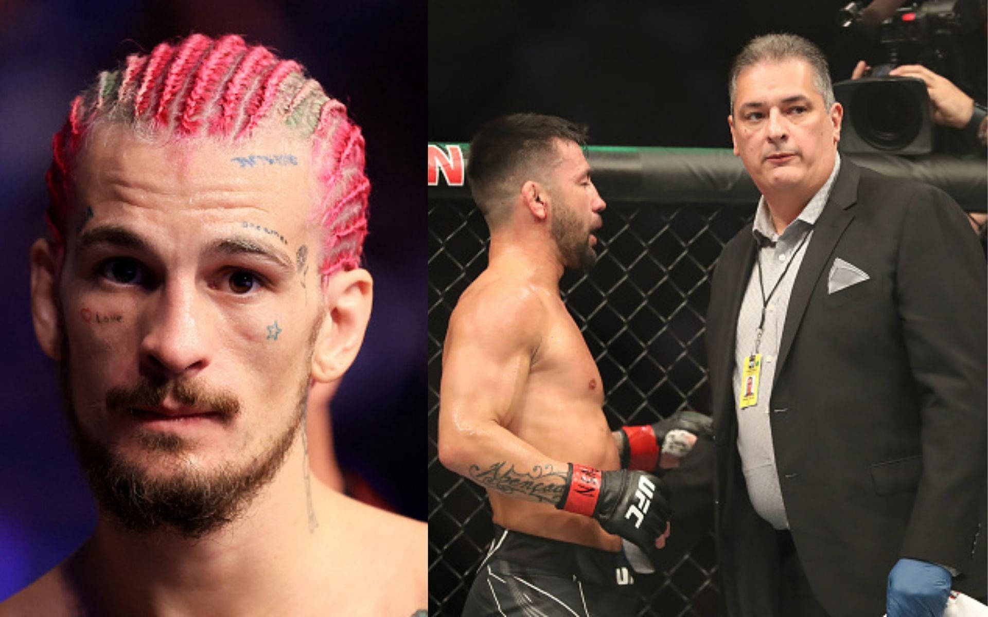 UFC 桌布 壁紙 — 一名擁有粉紅色辮子頭髮和刺青的拳手專注地凝視，而另一名拳手和裁判站在UFC八角籠內。