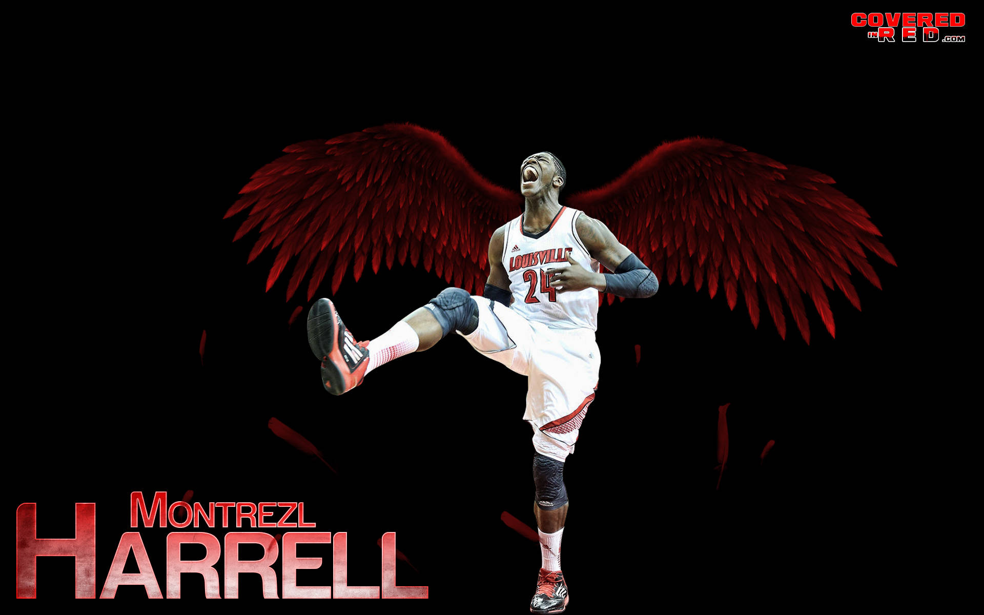 montrezl harrell 桌布 壁紙 — 一名擁有紅色天使翅膀的籃球運動員在黑色背景上勝利地跳躍，他的名字顯示在下方。