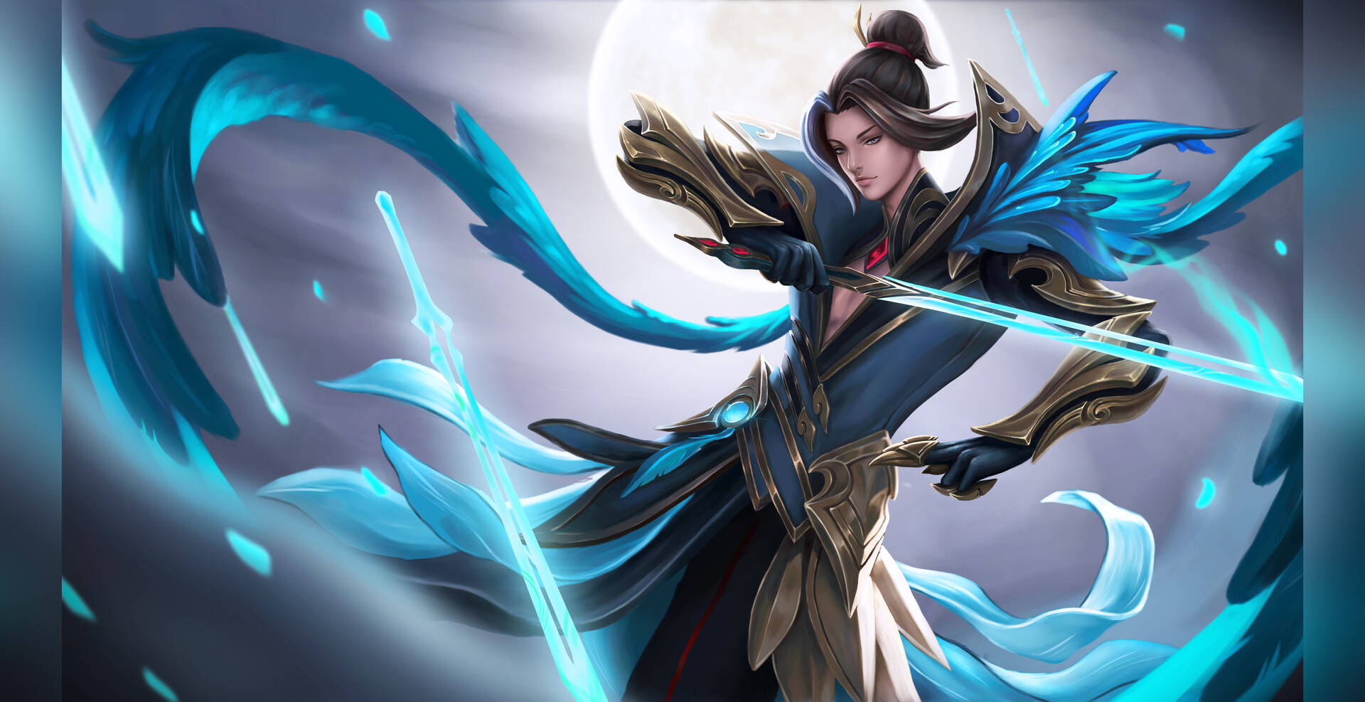 Mobile Legends 動態圖 桌布 壁紙 — 一名擁有藍色能量翅膀和發光劍的戰士，在滿月背景下擺好姿勢。
