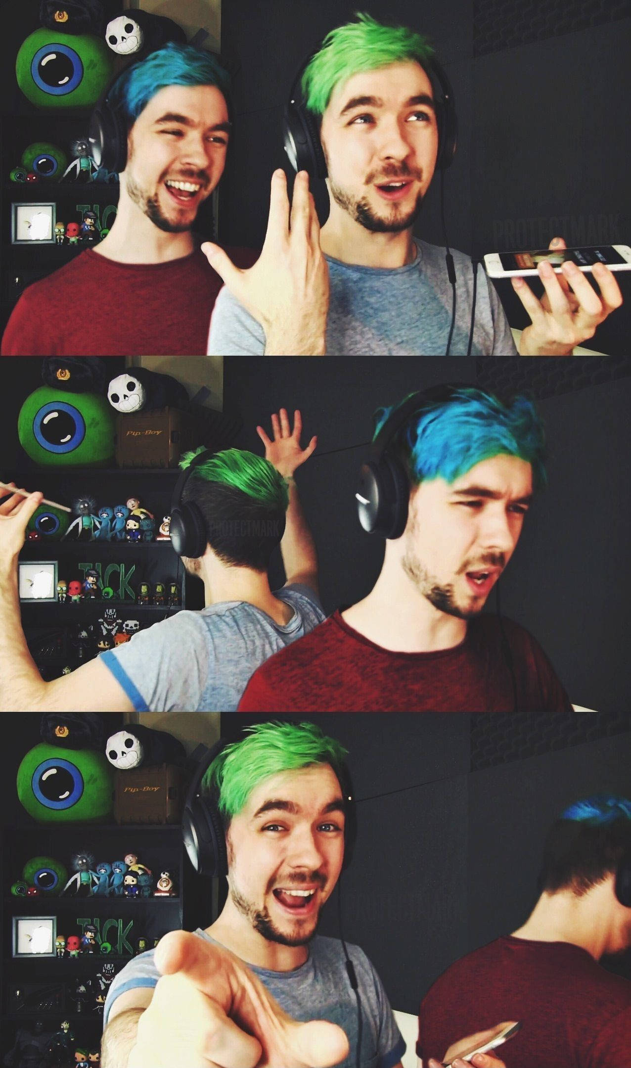 Jacksepticeye 桌布 壁紙 — 一名擁有鮮豔綠色和藍色頭髮的男子在裝飾有收藏品架子的房間裡玩遊戲時興奮地做出反應。