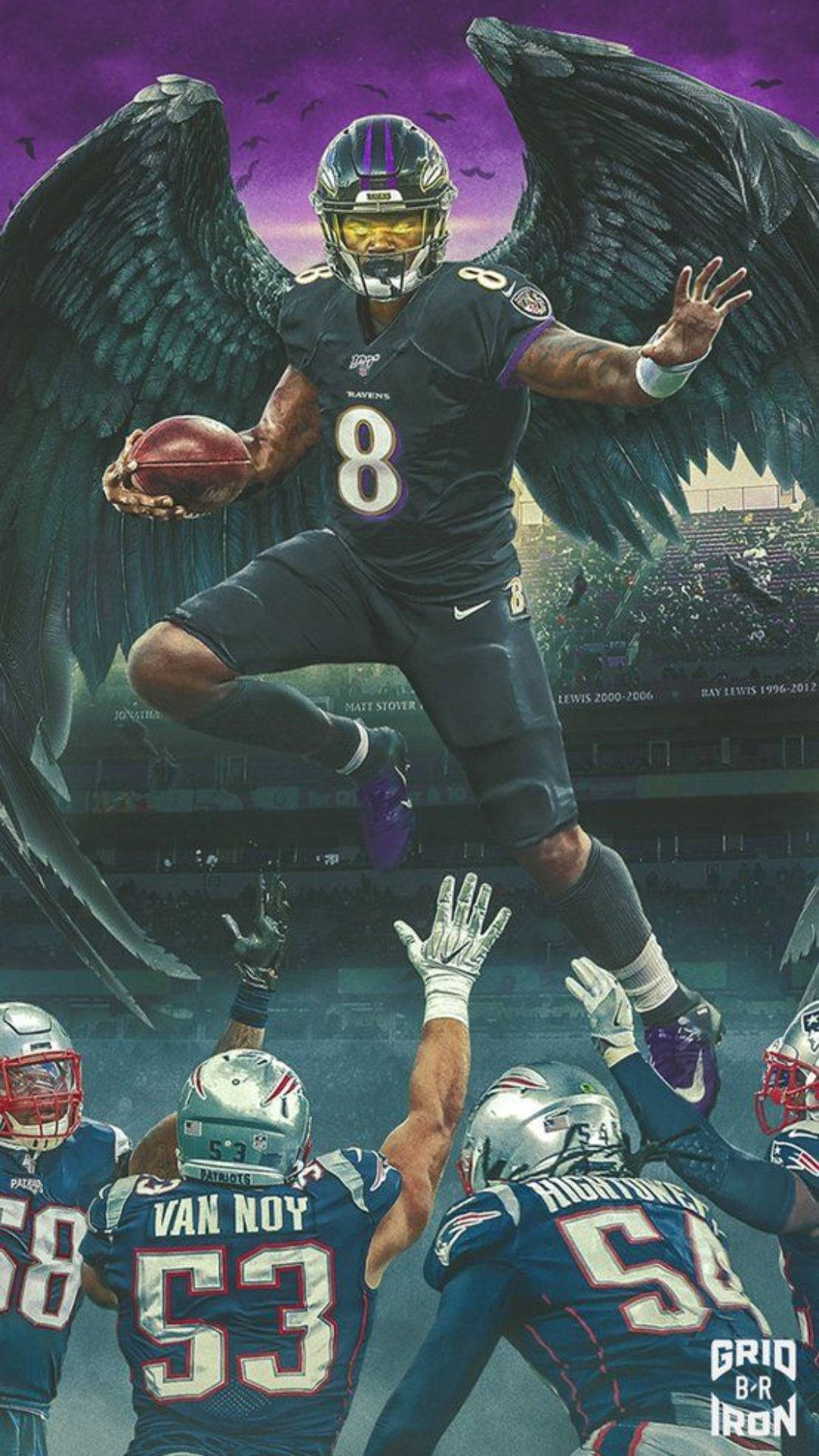Baltimore Ravens iPhone 桌布 壁紙 — 一名擁有黑色翅膀的足球員在紫色天空下的體育館中躍過防守球員。