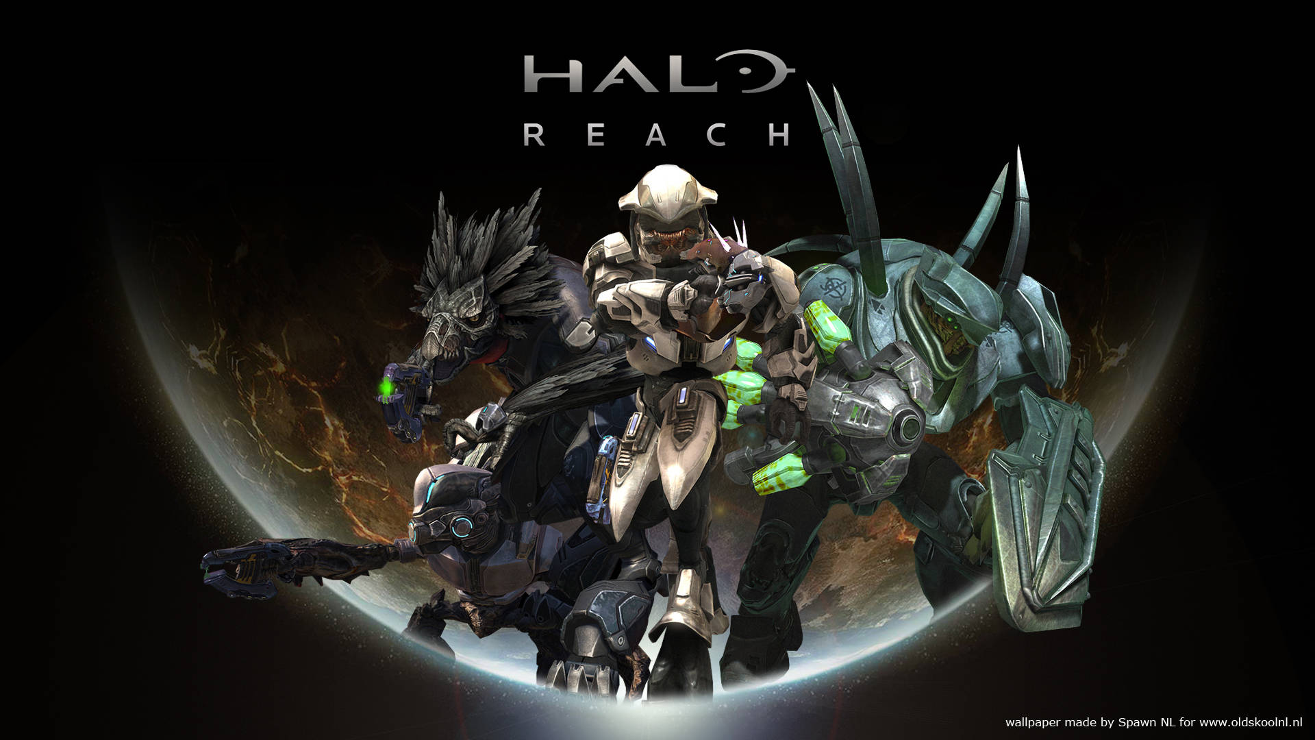 4K halo 桌布 壁紙 — 一名斯巴達戰士和兩名外星敵人在《最後一戰：瑞曲之戰》中，準備在發光行星背景下戰鬥。