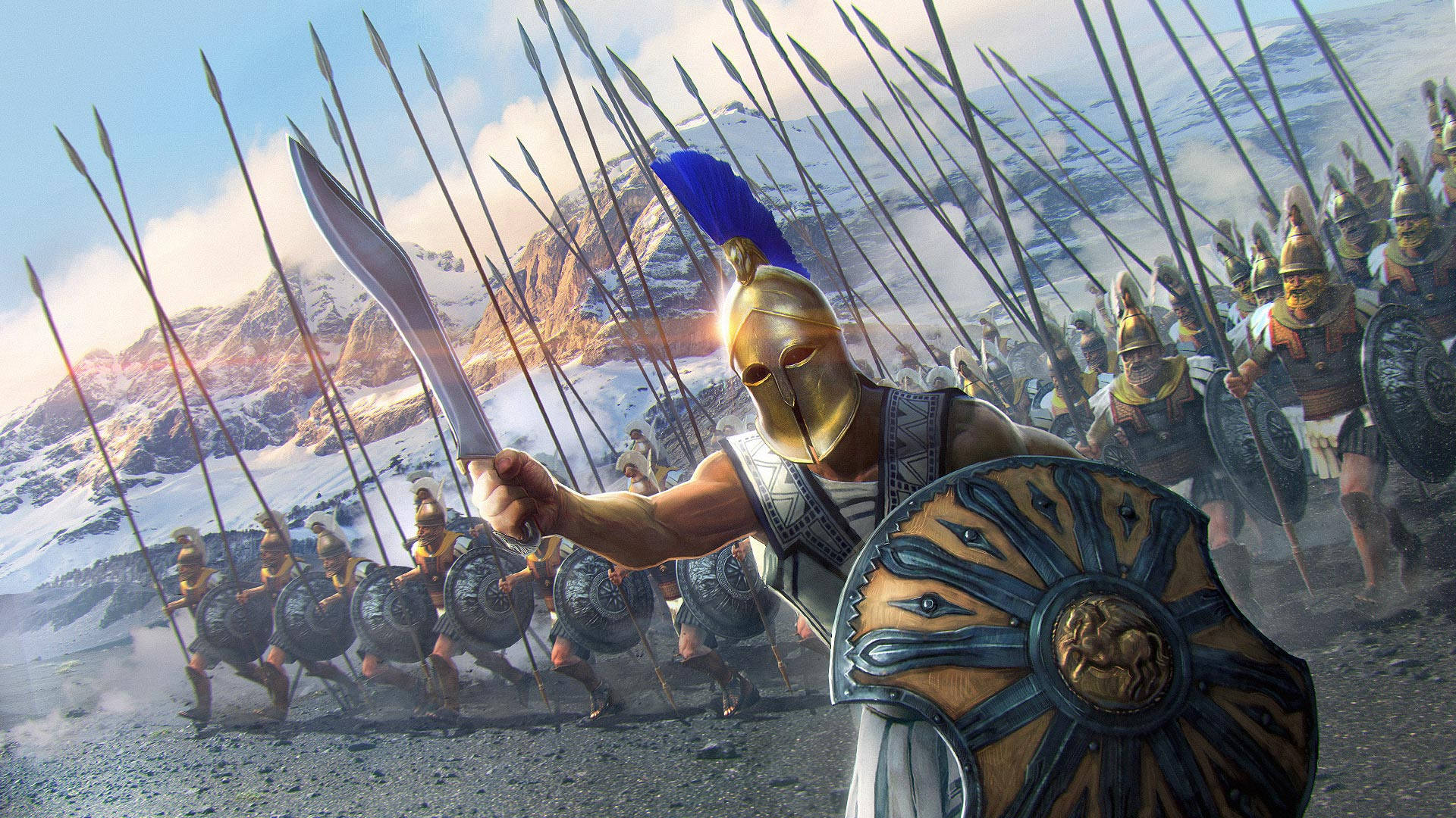 rome 2 桌布 壁紙 — 一名斯巴達戰士帶領他的軍隊在山谷中，長矛高舉，盾牌列陣，在明亮的天空下。