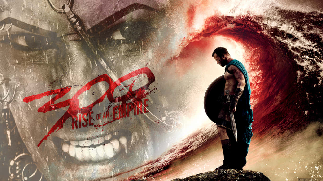 300 Movie 桌布 壁紙 — 一名斯巴達戰士站在懸崖上，挑釁地面對旋轉的紅色漩渦，有一個巨大的鬼臉和血紅色的文字「300 RISE OF AN EMPIRE」。