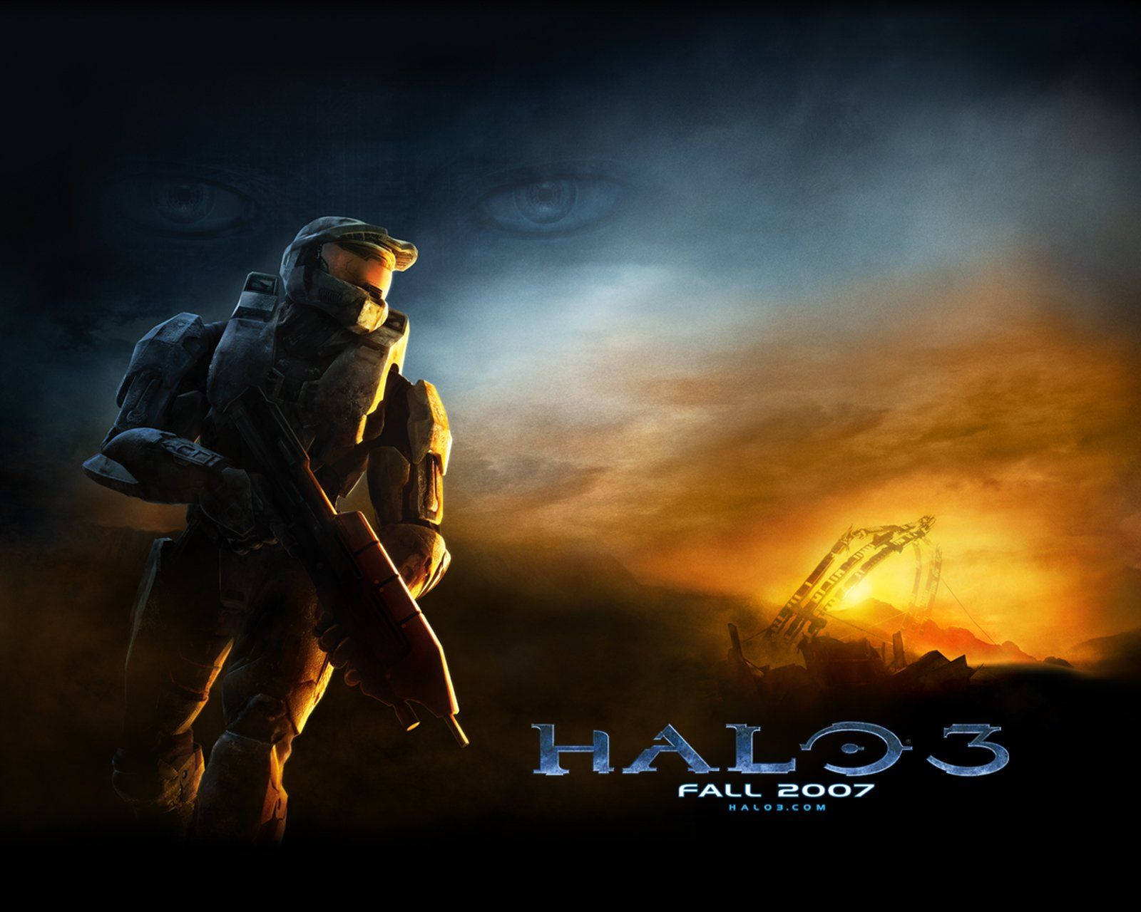 Master Chief 桌布 壁紙 — 一名斯巴達戰士站在戰火摧殘的景觀中，天空中有巨大的眼睛注視著夕陽在廢墟後落下。