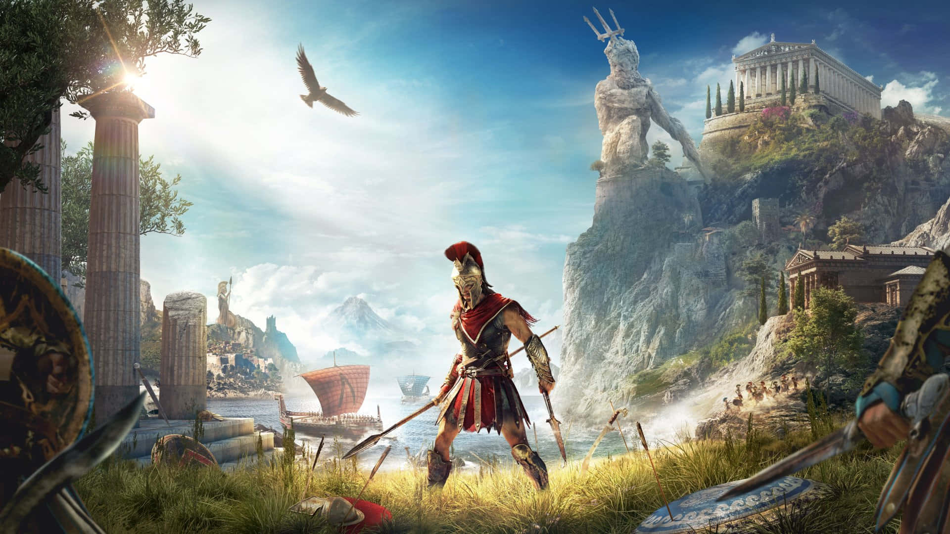 電玩遊戲 桌布 壁紙 — 一名斯巴達戰士站在陽光明媚的希臘風景中，背景有古代遺跡和一座俯瞰大海的巨型雕像。