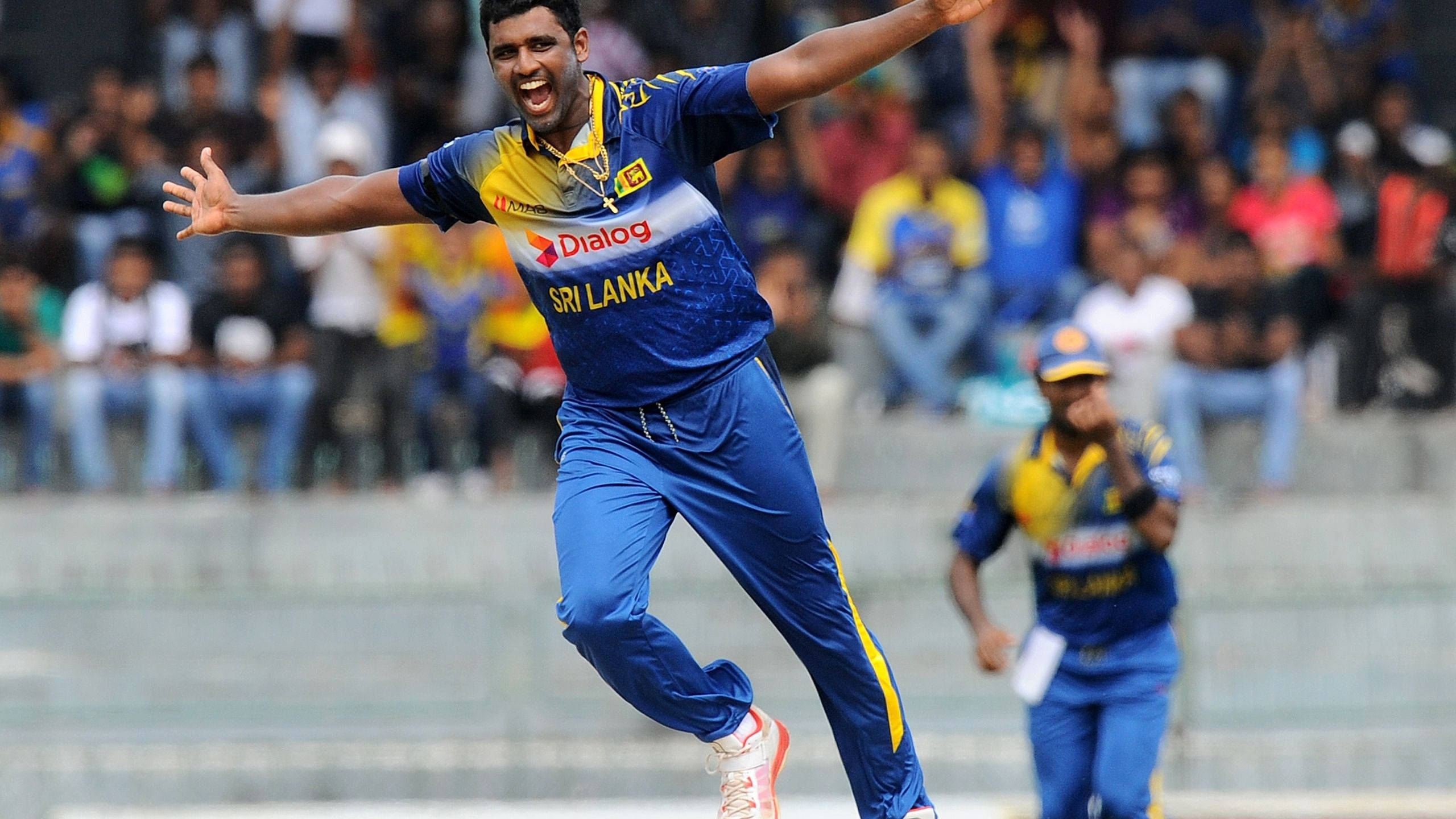 Sri Lanka Cricket 桌布 壁紙 — 一名斯里蘭卡板球球員在比賽中張開雙臂，狂喜地跳躍慶祝。