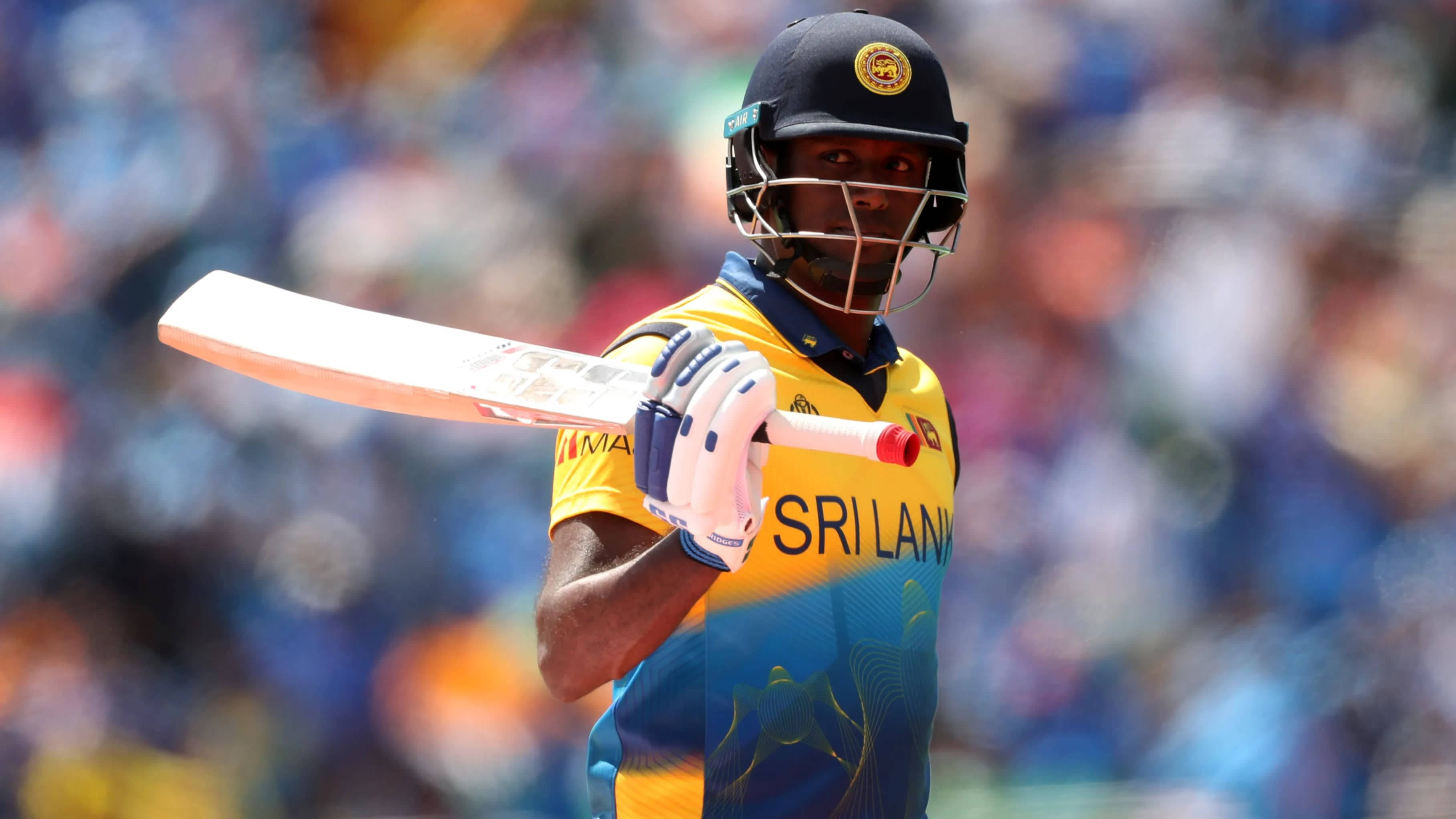 Sri Lanka Cricket 桌布 壁紙 — 一名斯里蘭卡板球運動員身穿黃藍色制服，在明亮的日光下準備揮棒。