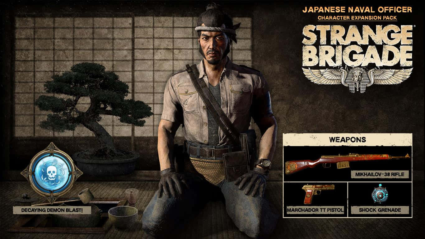 1366x768 Strange Brigade 桌布 壁紙 — 一名日本海軍軍官跪在光線昏暗的傳統房間裡，旁邊有一棵盆栽，並顯示武器數據。