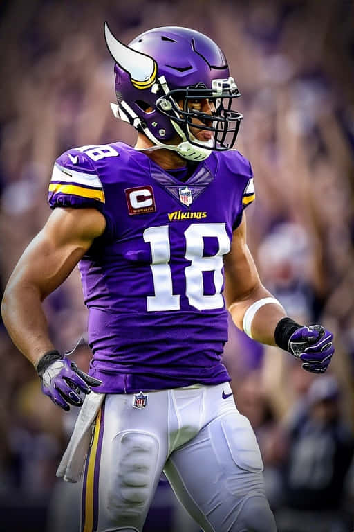 Minnesota Vikings Action 壁紙 — 一名明尼蘇達維京人隊的美式足球員，身穿紫色18號球衣，帶有隊長「C」標誌，自信地站在球場上。