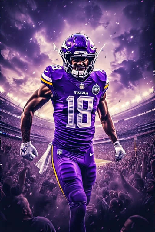 Minnesota Vikings Action Celebration 壁紙 — 一名明尼蘇達維京人隊的美式足球員身穿紫色18號球衣，在戲劇性的紫色天空下，勝利地跑過咆哮的體育場。