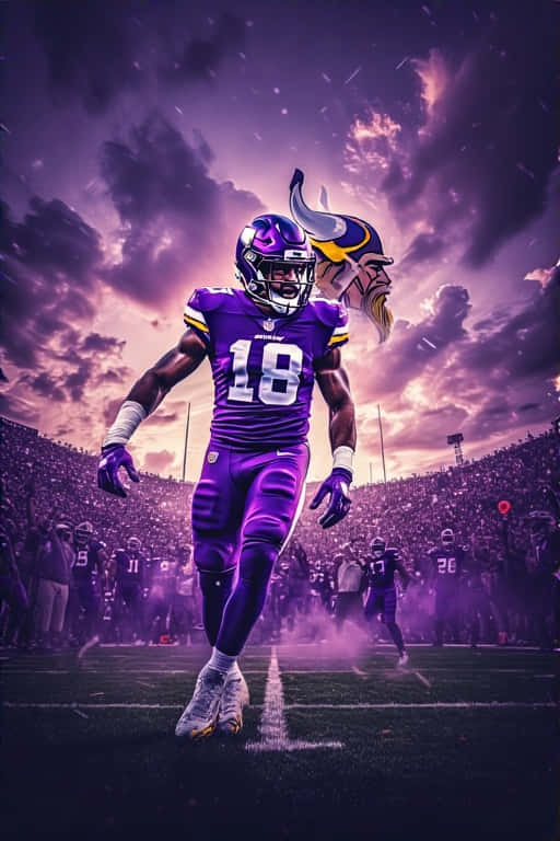 Minnesota Vikings Action Celebration 壁紙 — 一名明尼蘇達維京人隊的足球員身穿紫色18號球衣，在戲劇性的紫色日落天空下，球隊標誌漂浮在上方，自信地走過球場。