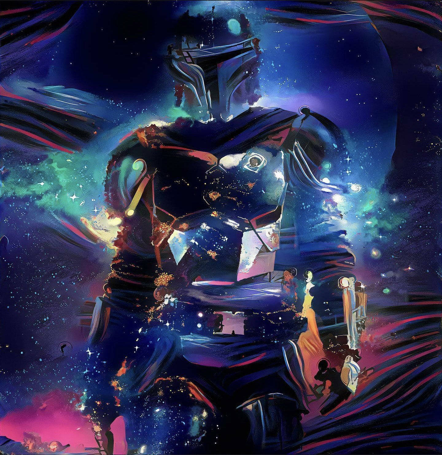 Mandalorian And Baby Yoda 桌布 壁紙 — 一名曼達洛戰士站在旋轉的宇宙星雲和星星之間，散發著綠色和紫色的光芒。