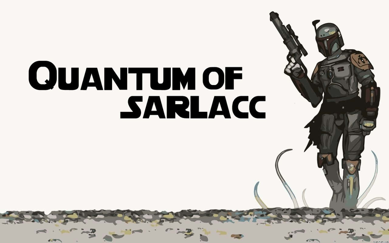 Sarlacc 桌布 壁紙 — 一名曼達洛戰士身穿盔甲站在岩石沙漠地面上，手持爆能槍，地面升起觸手。