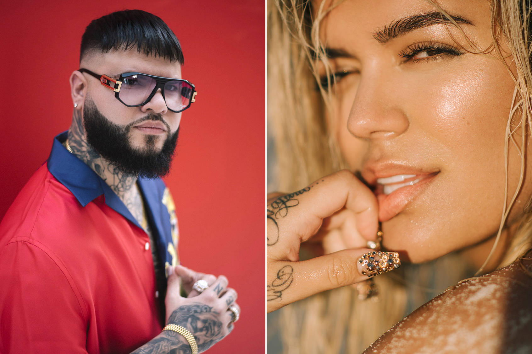 farruko 桌布 壁紙 — 一名有刺青和太陽眼鏡的男子在紅牆前與一名有刺青和亮片指甲的女子擺姿勢。