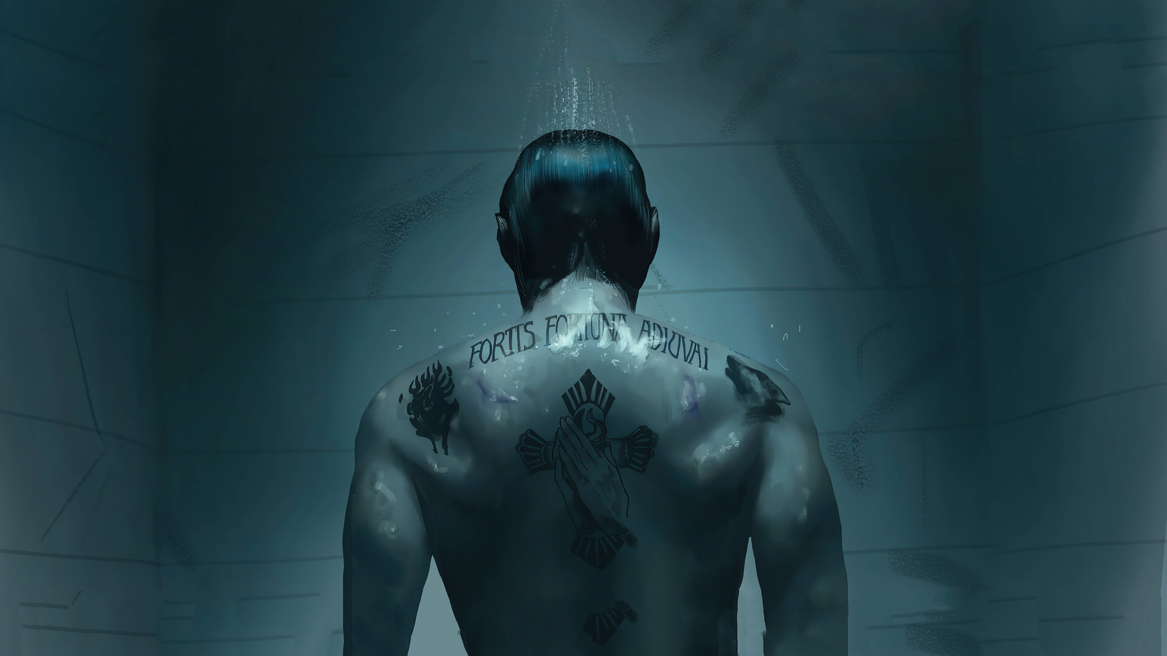 Tattoo 桌布 壁紙 — 一名有刺青的男子站在水中，光線從上方穿透，照射在昏暗的磁磚房間裡。