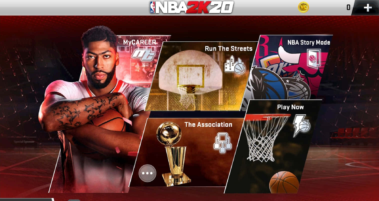 NBA 2k20 桌布 壁紙 — 一名有刺青的籃球運動員在NBA 2K20模式及獎盃的遊戲選單背景下持球。