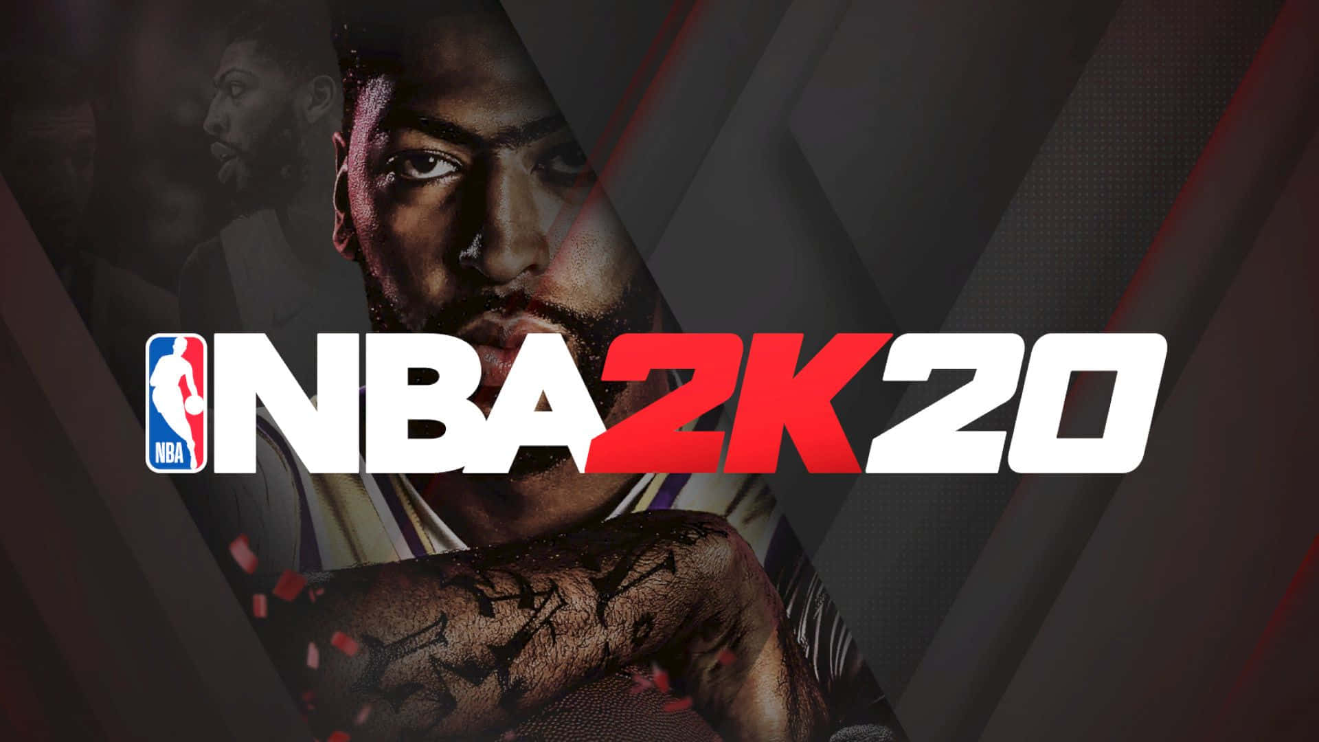 NBA 2k20 桌布 壁紙 — 一名有刺青的籃球運動員在黑暗幾何背景前，NBA 2K20標誌主導前景，他凝視著。