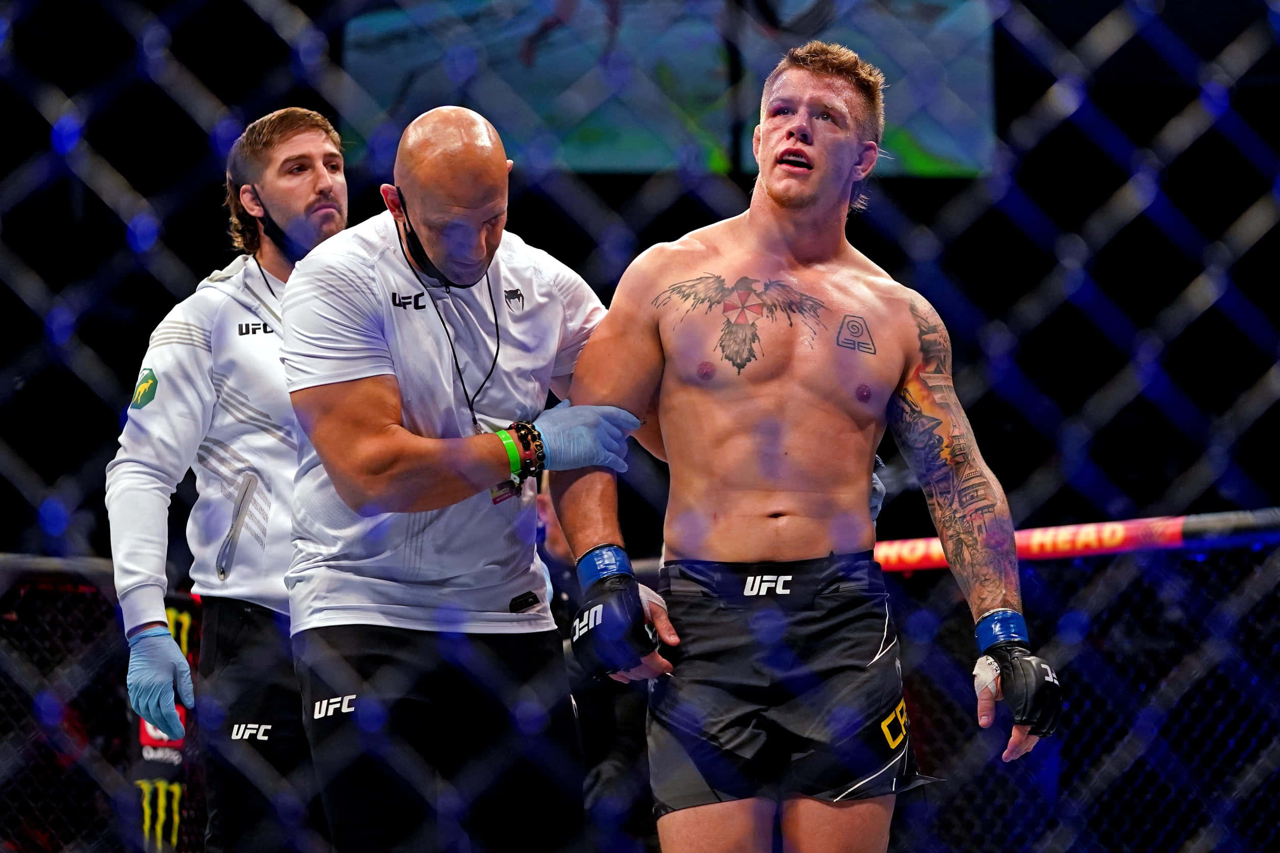 UFC 桌布 壁紙 — 一名有刺青的赤裸上身拳手在比賽後由裁判和醫生協助離開八角籠。