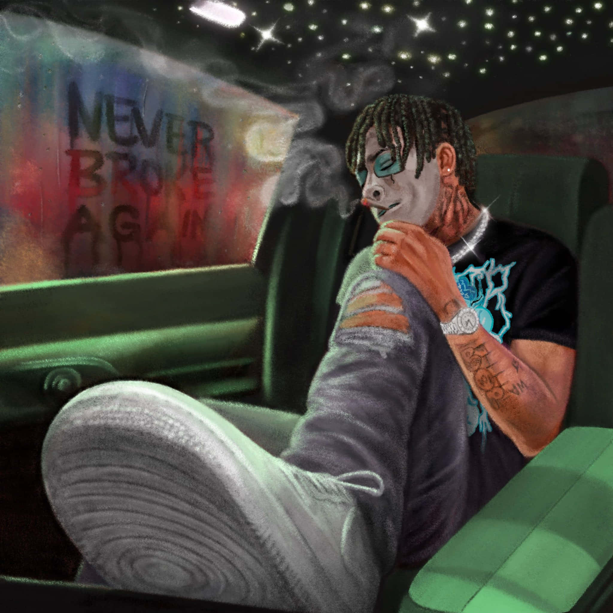 說唱歌手 桌布 壁紙 — 一名有辮子頭和刺青的男人在車內抽煙，車頂有星空天花板，車窗有塗鴉。
