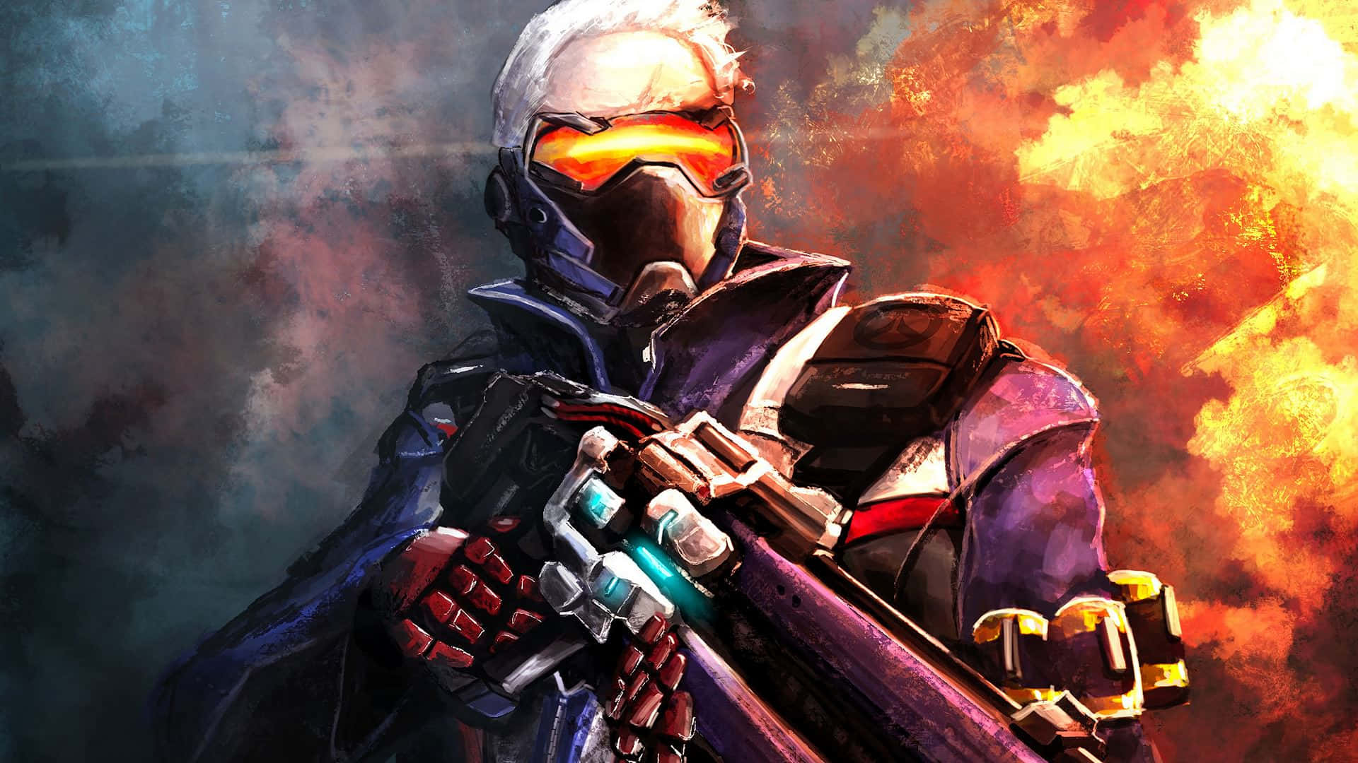 Soldier 76 桌布 壁紙 — 一名未來戰士，戴著發光的橙色護目鏡，白色頭髮，站在熾熱爆炸中，手持先進武器。