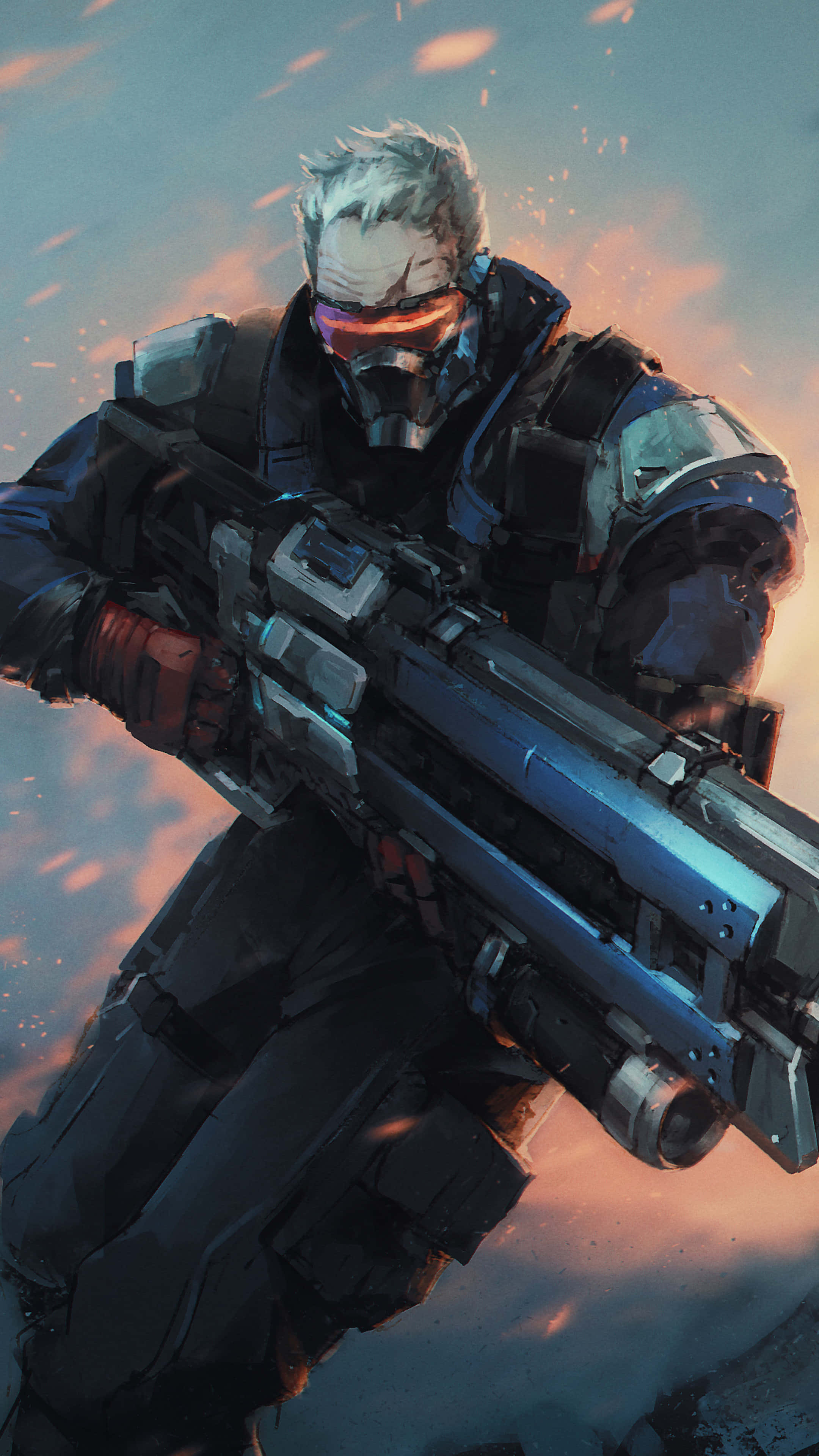 Soldier 76 桌布 壁紙 — 一名未來戰士，戴著發光的橙色護目鏡和白髮，在熾熱的日落背景下瞄準重型武器。