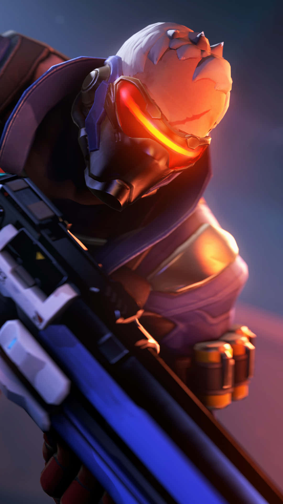 Soldier 76 桌布 壁紙 — 一名未來戰士戴著發光紅色面罩頭盔，在深色漸變背景中緊握高科技步槍。