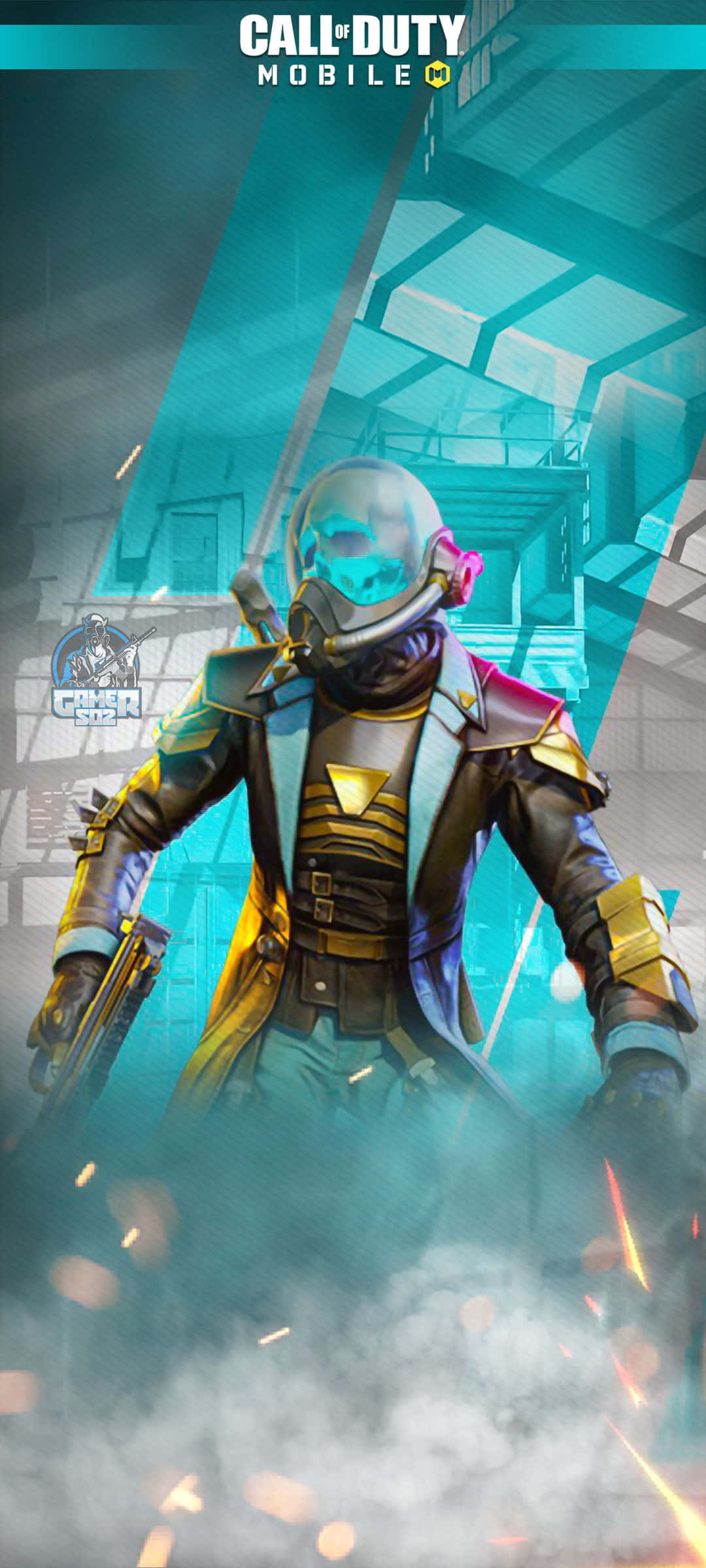 Cod Mobile Character Skins 桌布 壁紙 — 一名未來戰士戴著發光頭盔和裝甲服，站在高科技城市環境的煙霧和火花之中。