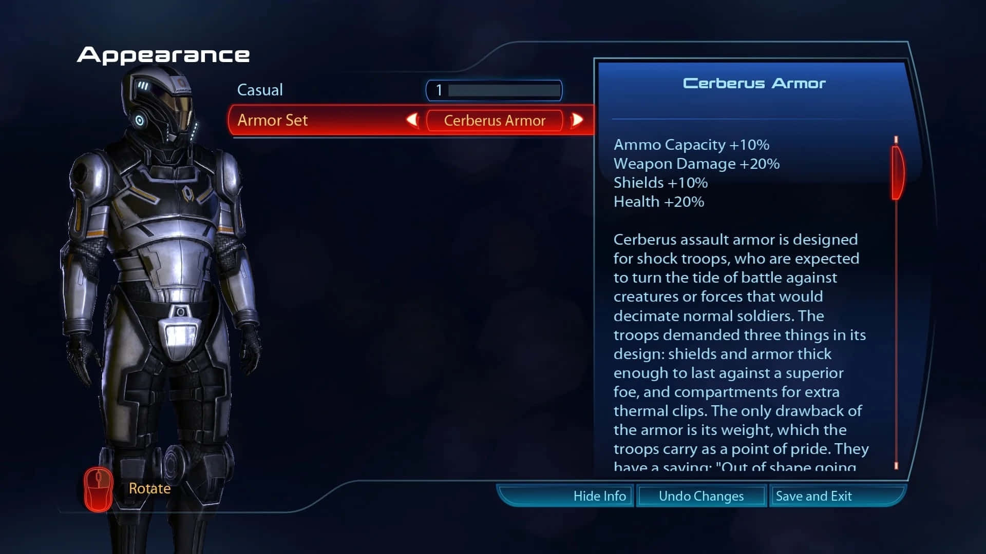 Mass Effect Cerberus 桌布 壁紙 — 一名未來戰士身穿流線型黑色和銀色Cerberus裝甲，站在遊戲選單中，顯示如+20%武器傷害和+20%生命值等統計數據。