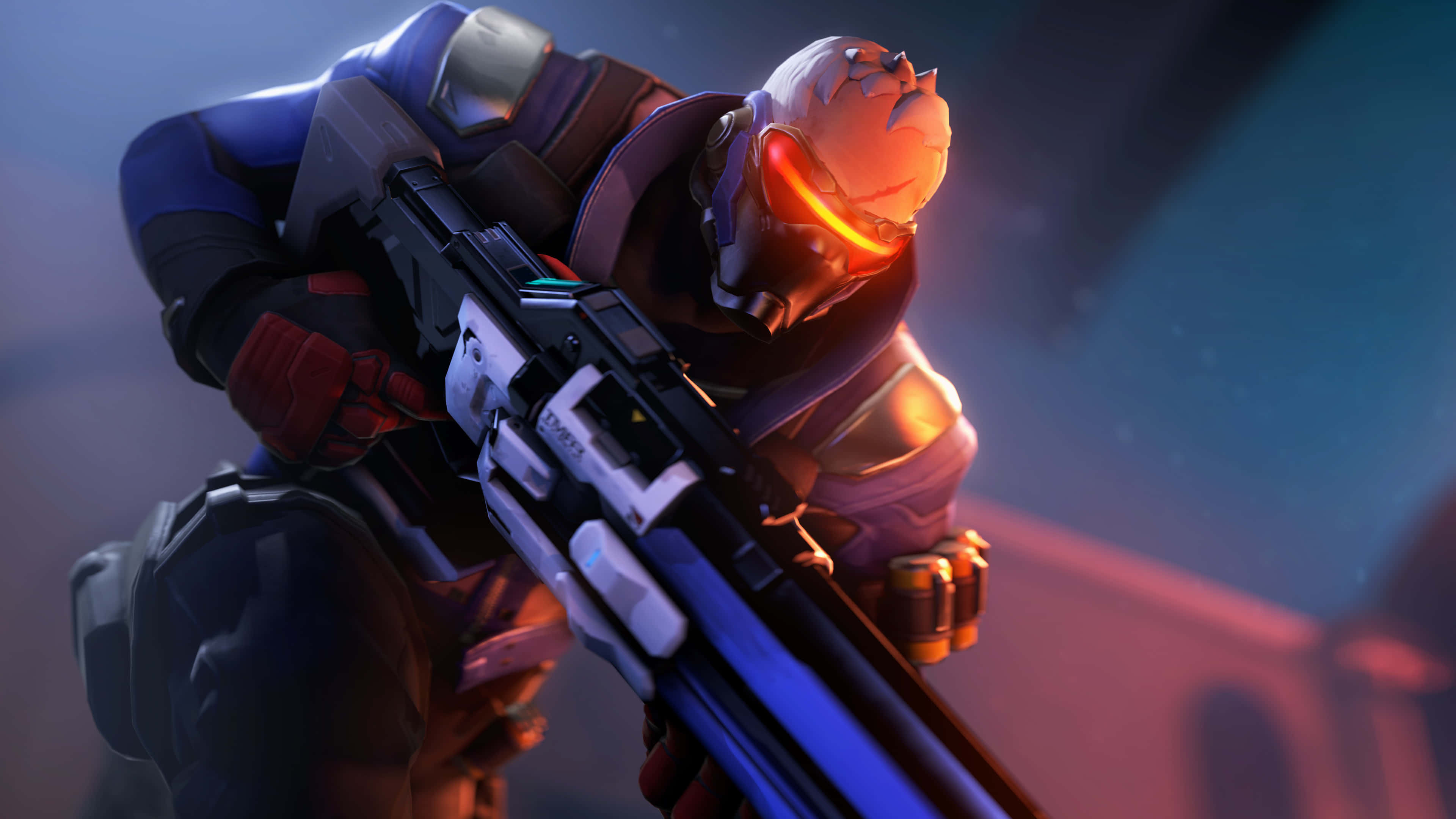 Soldier 76 桌布 壁紙 — 一名未來戰士身穿裝甲裝備，在陰鬱的藍色煙霧中瞄準一把帶有強烈紅色眼光的發光武器。