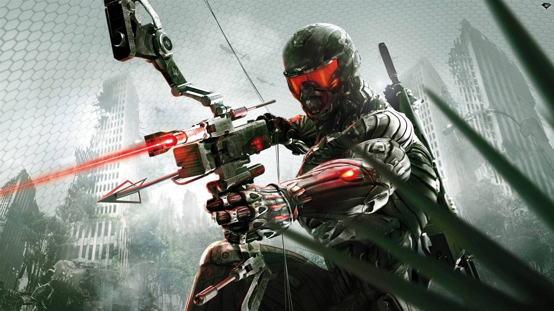 Cool Gaming 桌布 壁紙 — 一名未來戰士身穿裝甲裝備，用一把高科技弓瞄準霧氣瀰漫的城市天際線，弓上有一支發光的紅色箭矢。
